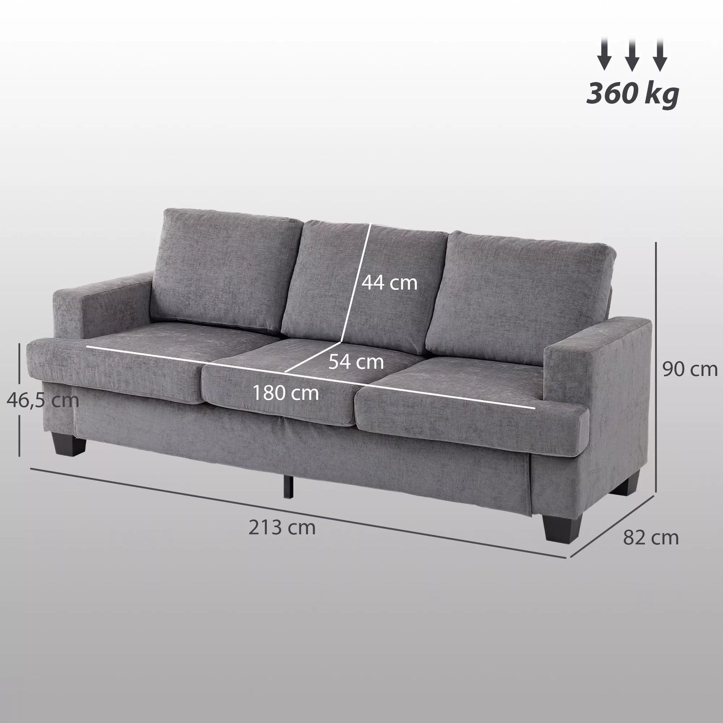 Trys vietų sofa, svetainės sofa trims asmenims, su audinio apmušalu, plieno rėmu, pilka