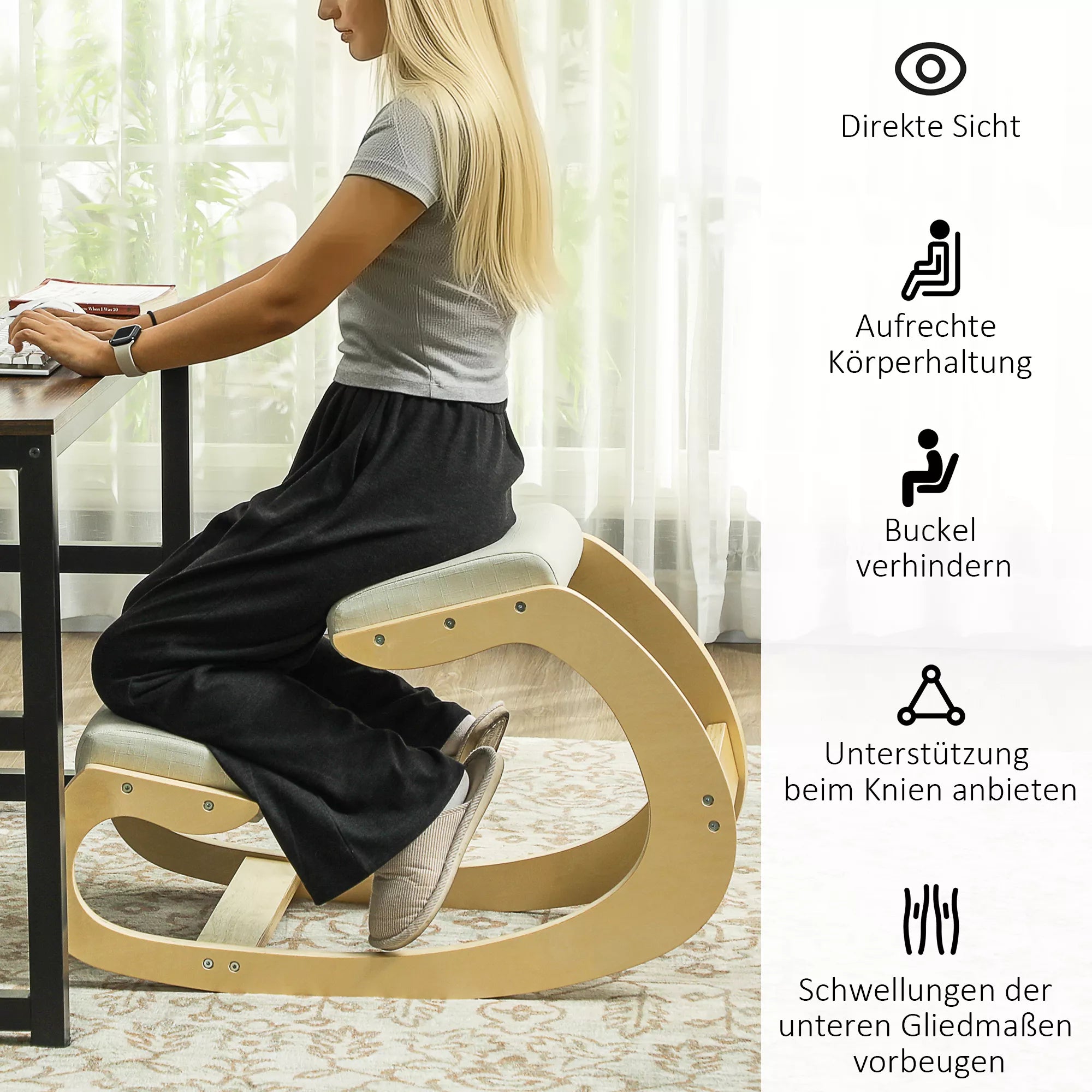 Kelio atramos kėdė ergonomiška su supimosi funkcija, kreminė balta