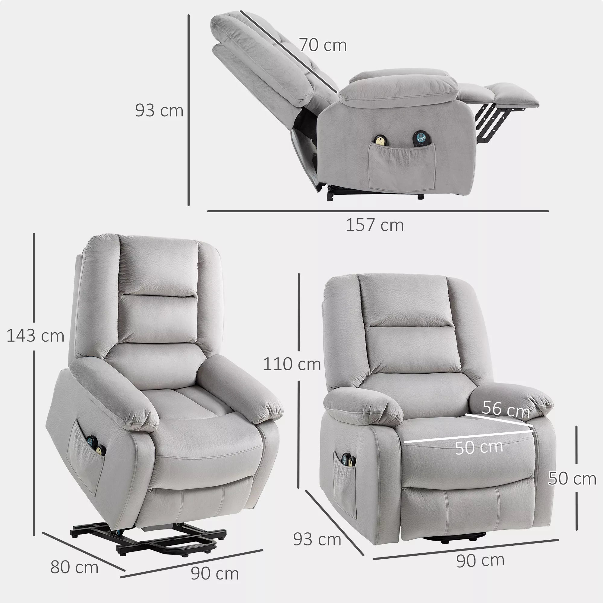 Pakeliamas masažinis krėslas, šviesiai pilkas