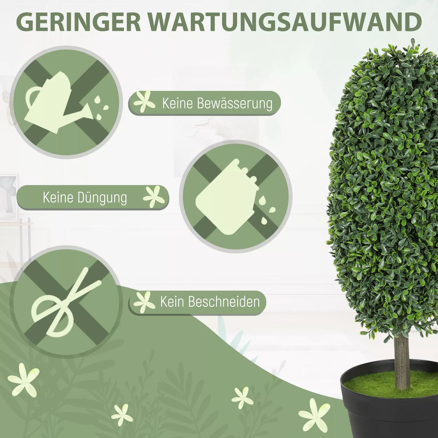 2 vnt. dirbtinių augalų rinkinys, UV atsparūs dirbtiniai medeliai vazonuose, plastikas, cementas, žalias
