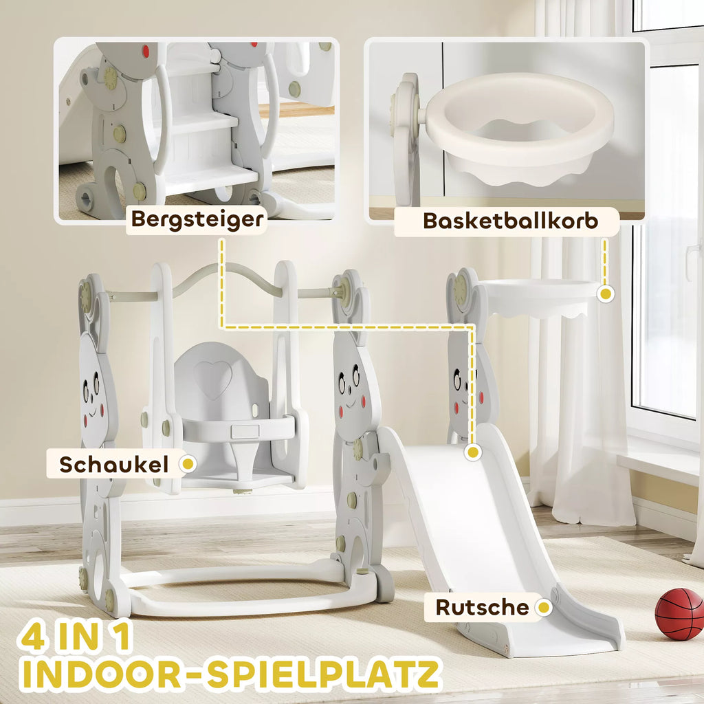 4-in-1 žaidimų rinkinys mažiems vaikams, čiuožykla, sūpynės, laipiojimo konstrukcija, krepšinio lankas, plastikas, triušio dizainas, pilkos spalvos