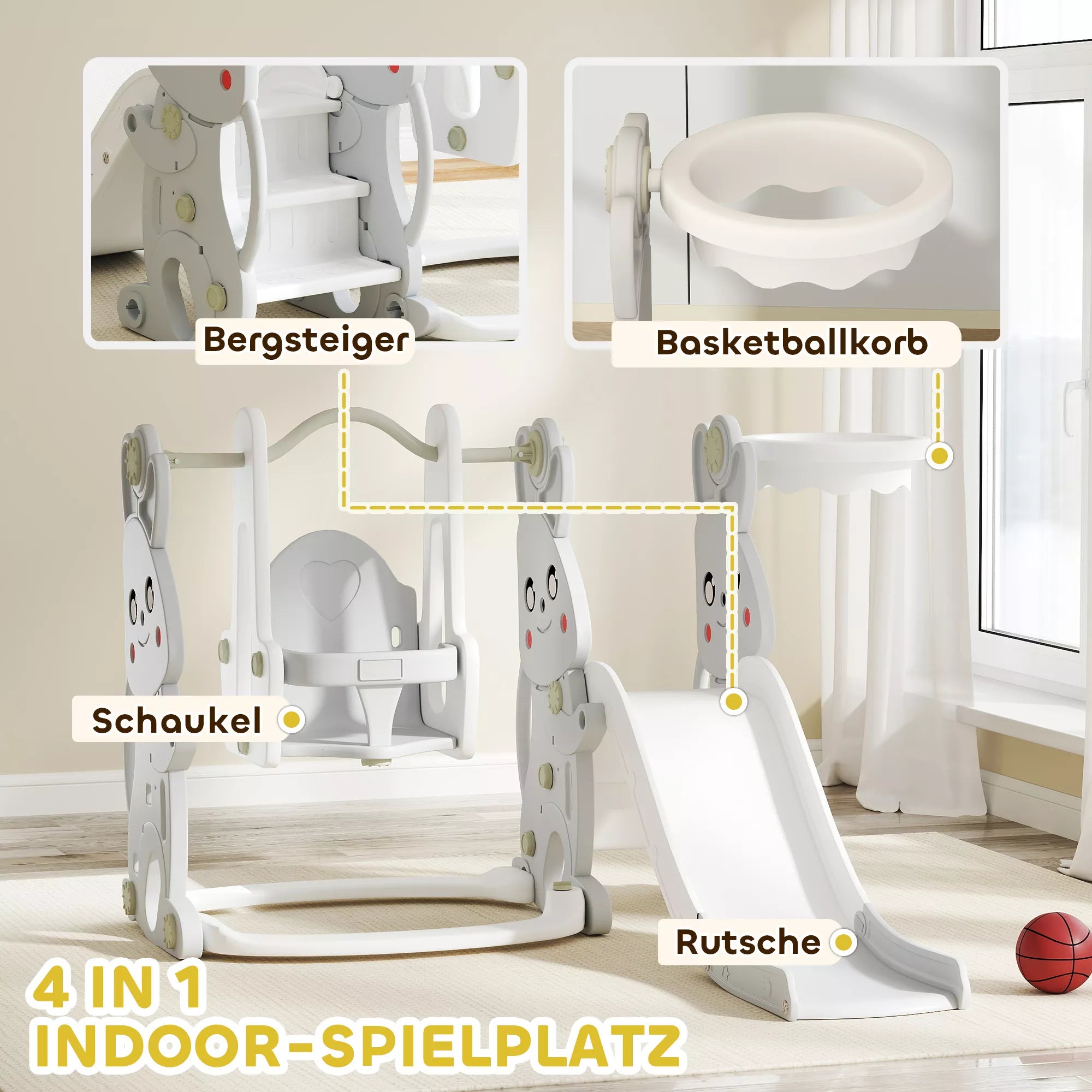 4-in-1 žaidimų rinkinys mažiems vaikams, čiuožykla, sūpynės, laipiojimo konstrukcija, krepšinio lankas, plastikas, triušio dizainas, pilkos spalvos