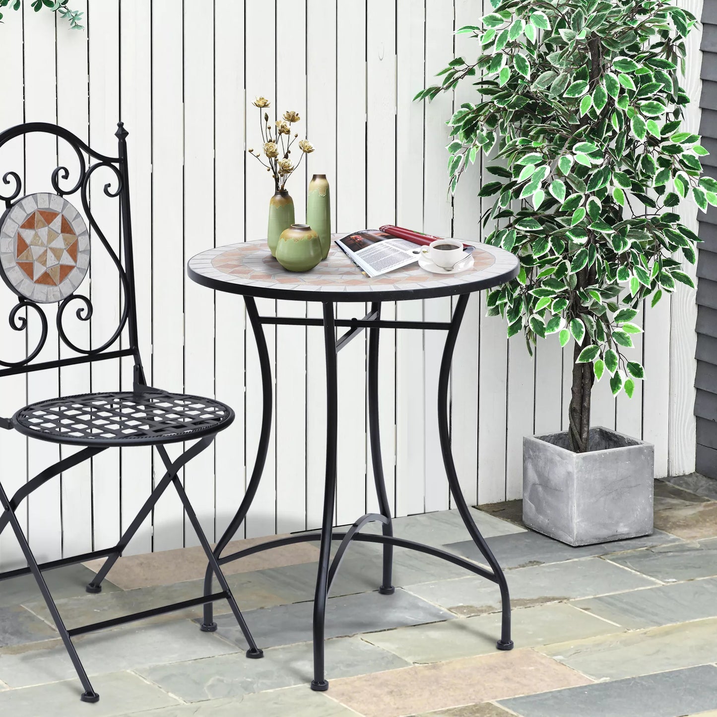 Sodo stalas mozaikinis stalas balkono stalas pagalbinis staliukas apvalus plienas + keramika oranžinė + balta Ø60 x H71 cm