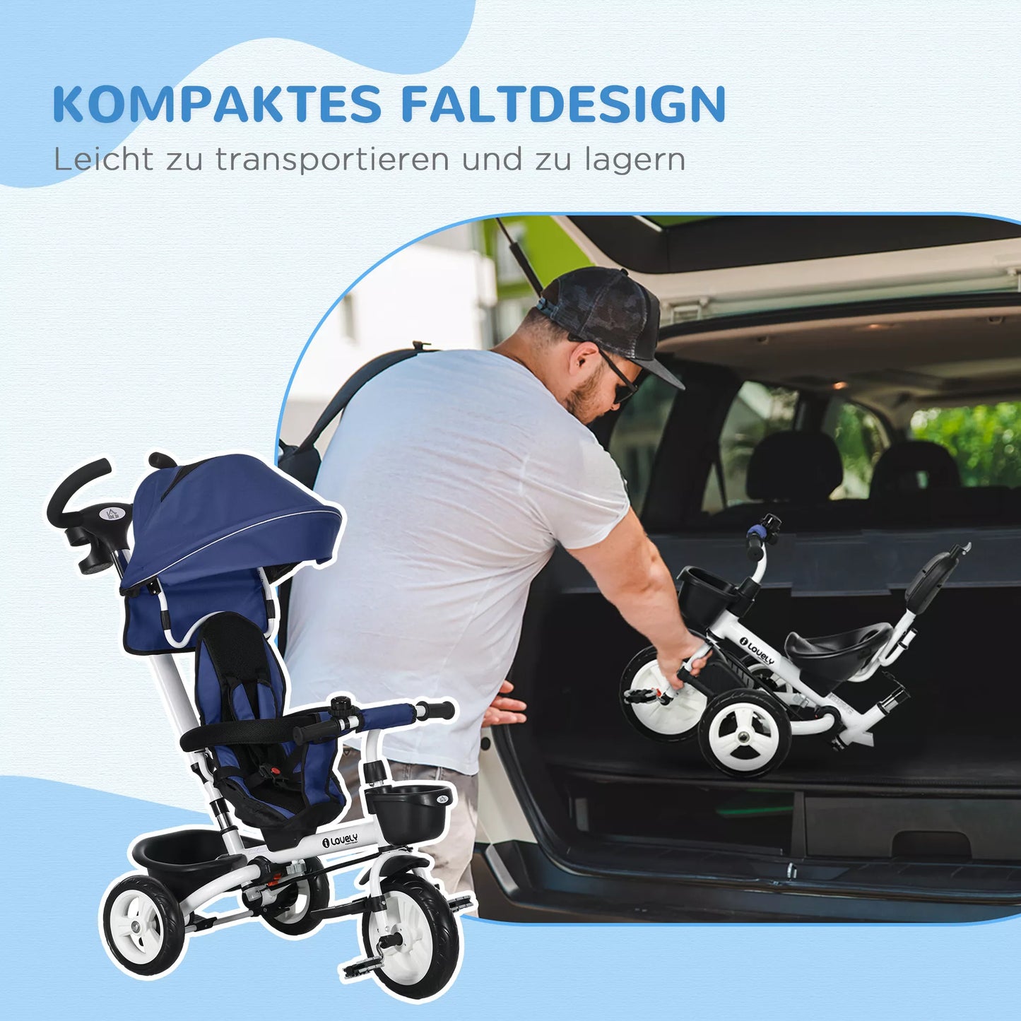 6-in-1 vaikiškas triratukas su stūmimo rankena, stogeliu, saugos diržu, laikymo krepšeliu, nuo 18 mėn., tamsiai mėlynas