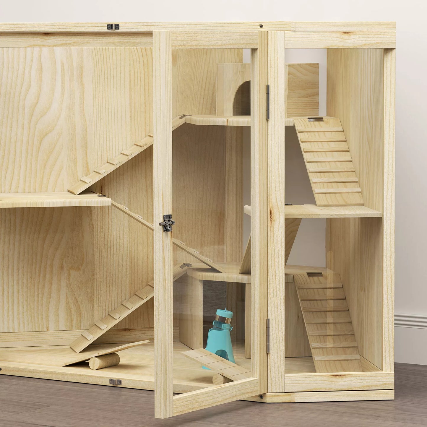 Hamsterio narvas, 4 lygių dizainas, su šėrimo stotele, sūpynėmis, rampos, nameliais, 115 x 69,5 x 79 cm, medinis