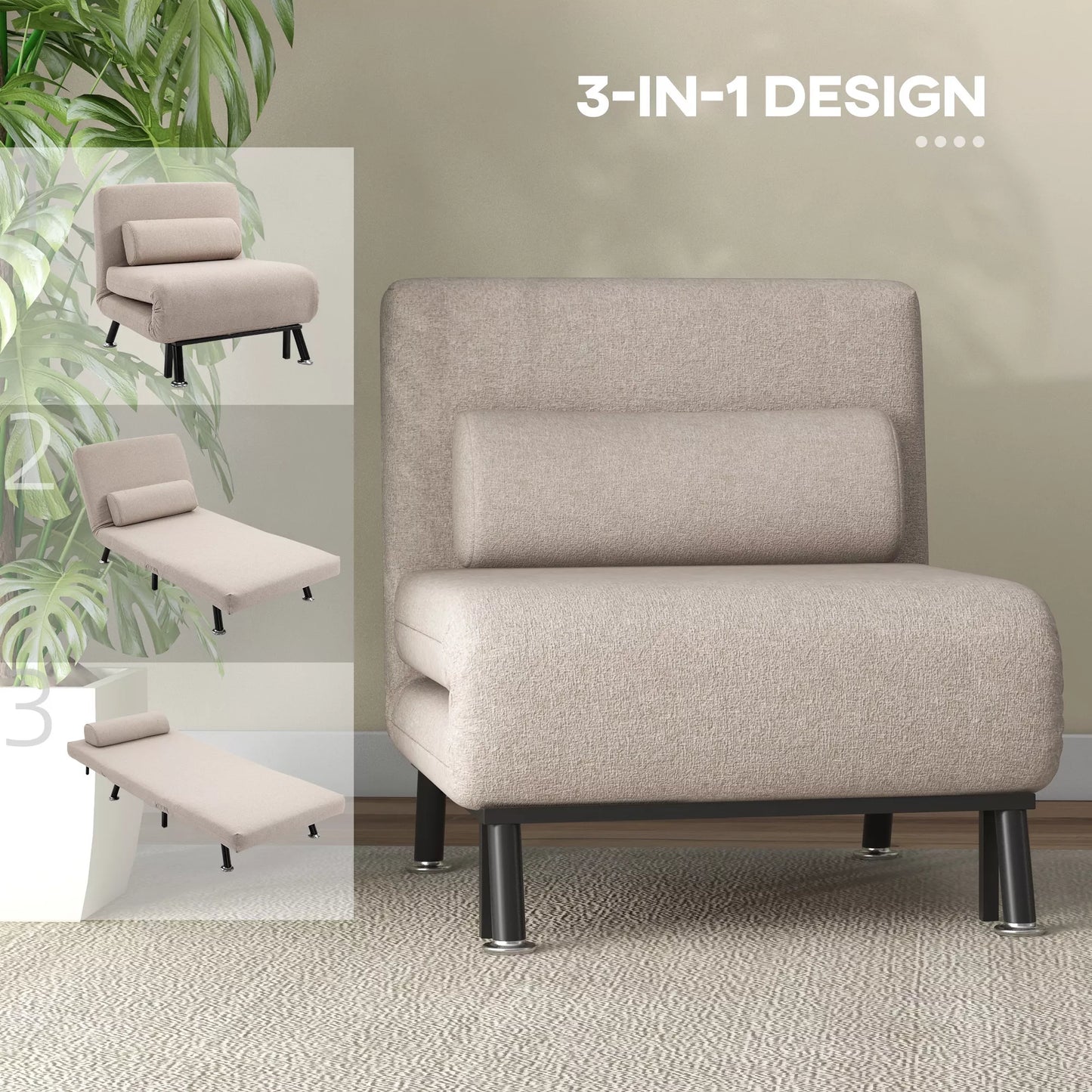 Sulankstomas fotelis su miegojimo funkcija, sulankstomas poilsio fotelis su lininio audinio išvaizda, reguliuojama atlošas, 75 x 70 x 75 cm, smėlio spalvos