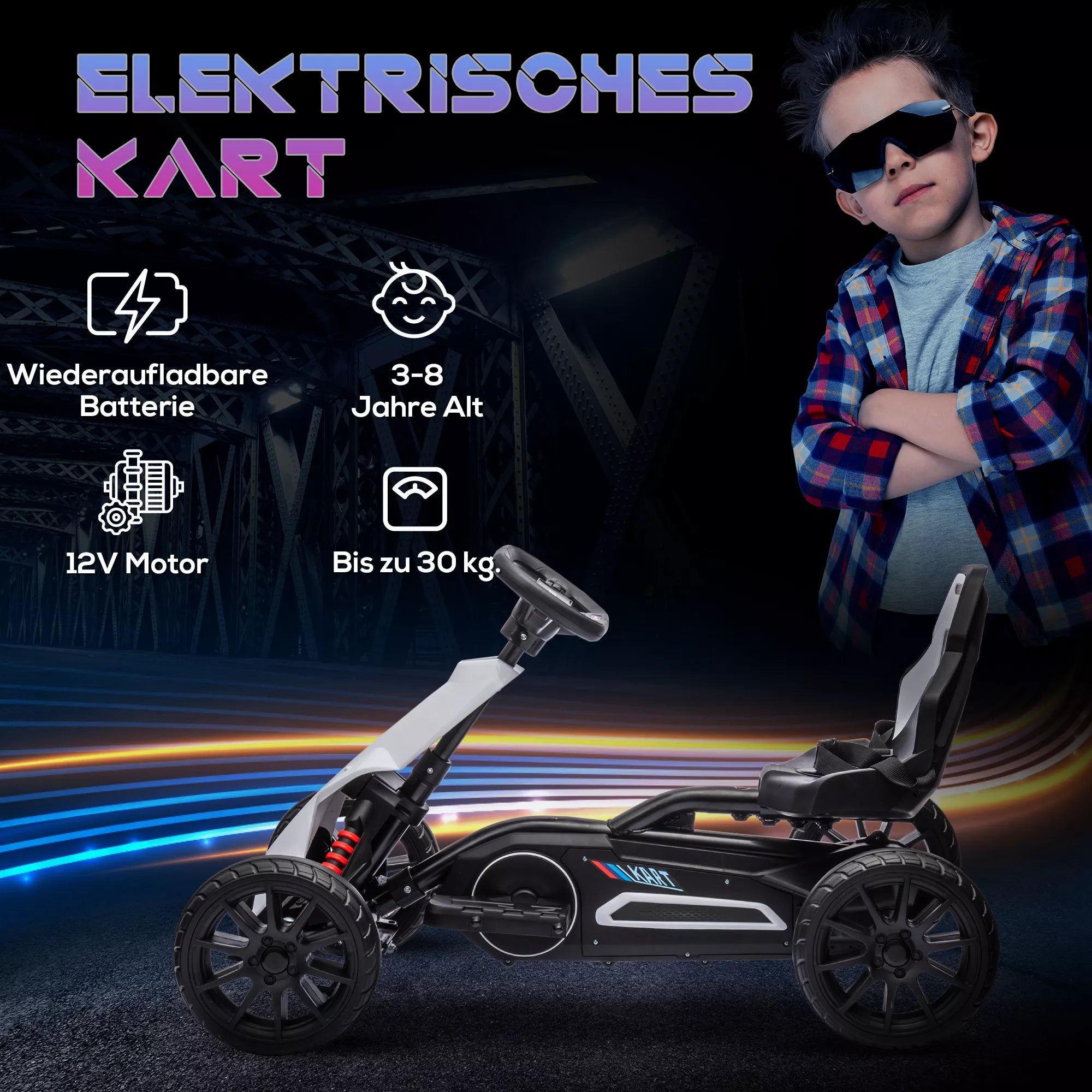 Go-Kart vaikams, elektrinis kartas, iki 5 km/h, saugos diržas, sėdynė su atlošu, plastikas, metalas, balta spalva