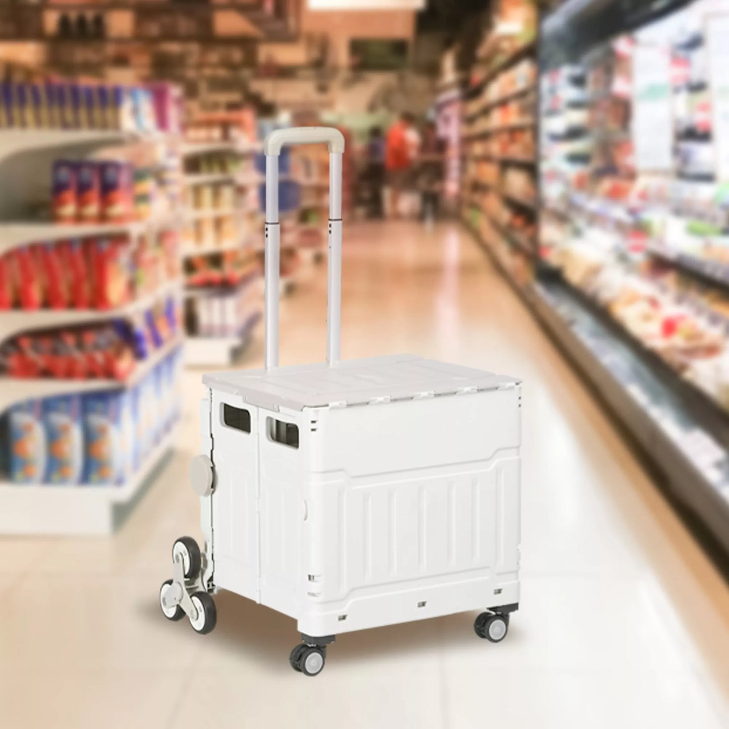 Pirkinių vežimėlis laiptų lipikas, mobili transportavimo dėžė, sulankstomas, teleskopinė rankena, atlaiko iki 65 kg, baltas