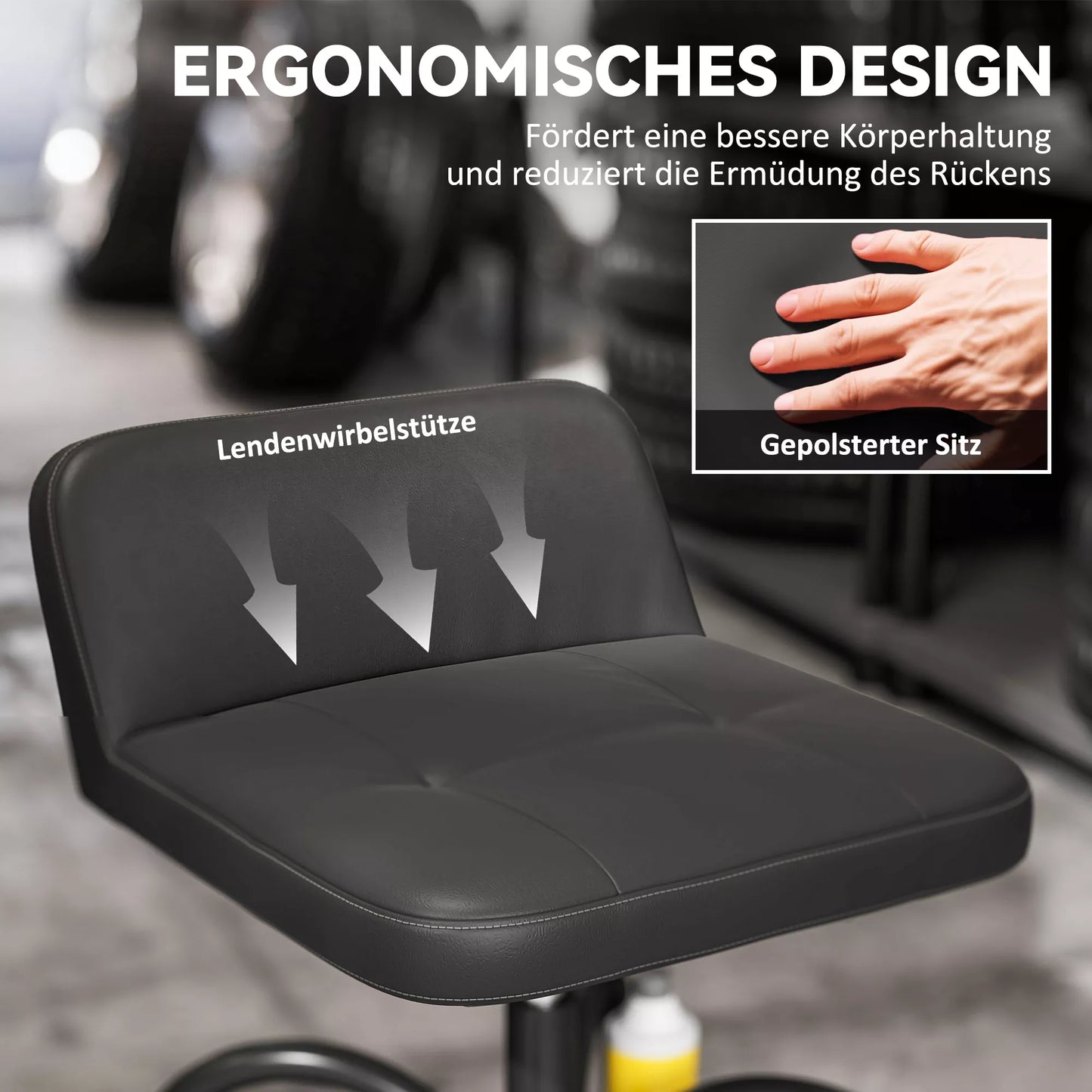 Dirbtuvės taburetė su ratukais ir laikymo lentyna, 58,5 cm aukščio, riedanti taburetė, atlaiko iki 135 kg, juoda