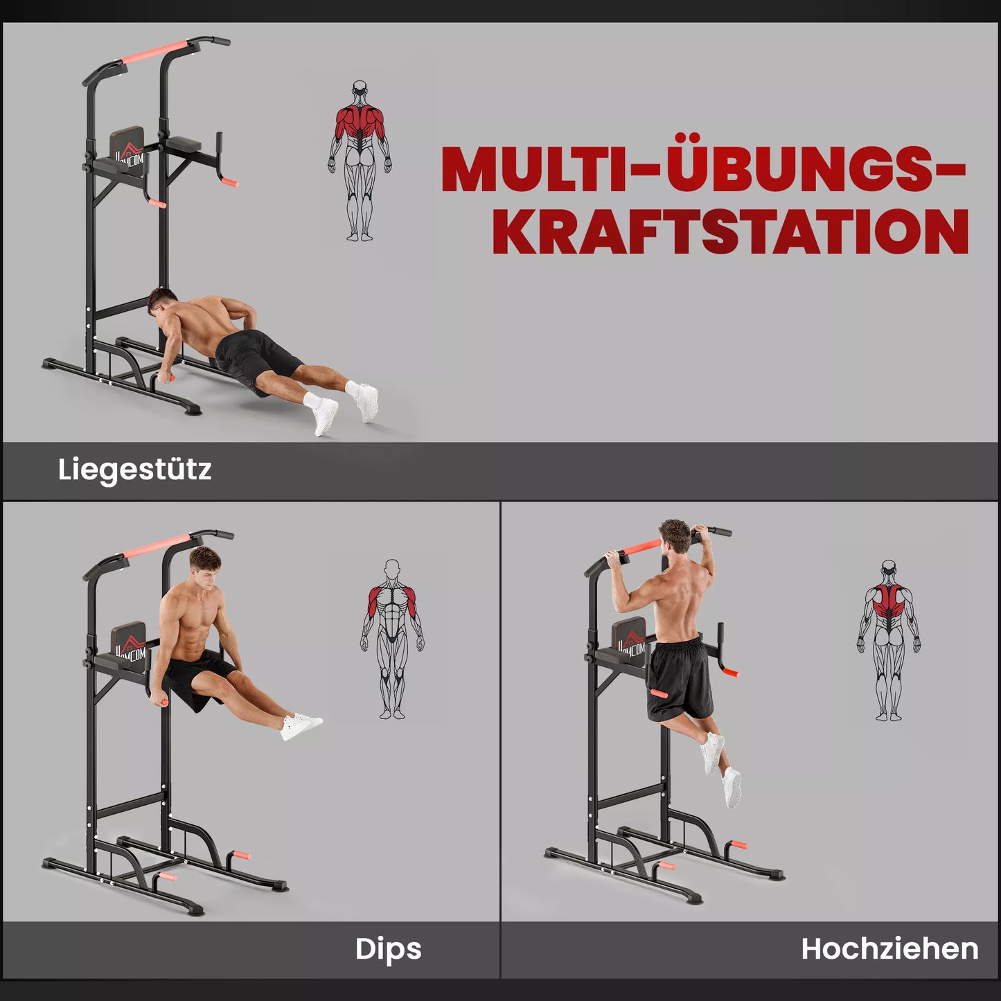Jėgos bokštas su reguliuojamu aukščiu, traukos priemonė su prisitraukimo trapecija ir siurbtukais, minkšta namų treniruočių įranga
