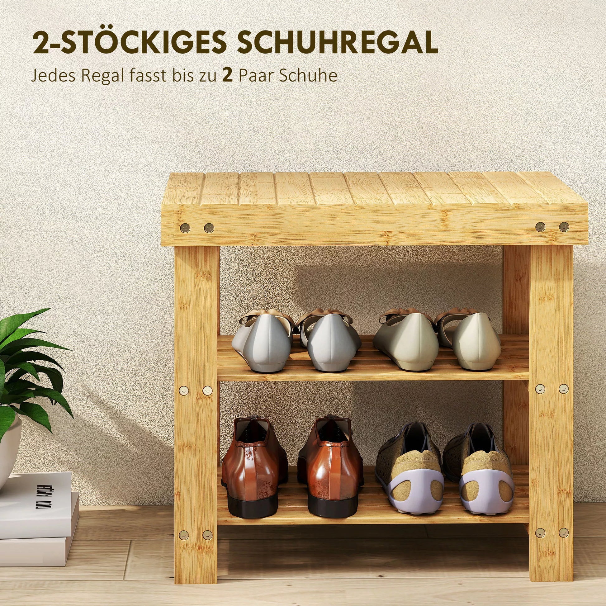 Bambuko batų stovas, batų lentynos su 2 lentynomis, sėdimoji dalis, skirtas koridoriui, prieškambariui, 50x28x45 cm, natūralus