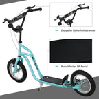 Infografika: mėlyno paspirtuko dviratis saugos stabdiai ir neslystantis pedalas