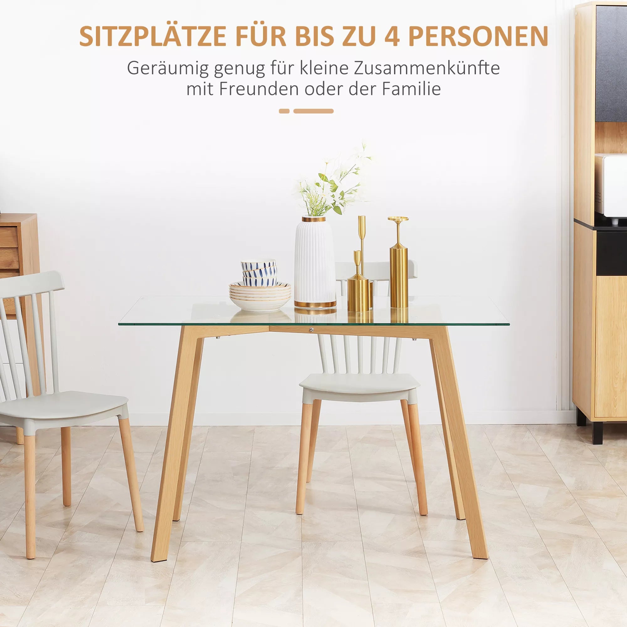 Valgomojo stalas 4 asmenims, stiklinis stalviršis, plieninis rėmas, medžio imitacija, 120L x 60B x 76H cm