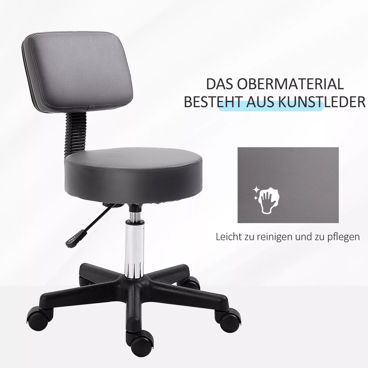 Salono taburetė, reguliuojamo aukščio, ergonomiška, 360° besisukanti, su 5 ratukais, pilkos spalvos sintetinė danga