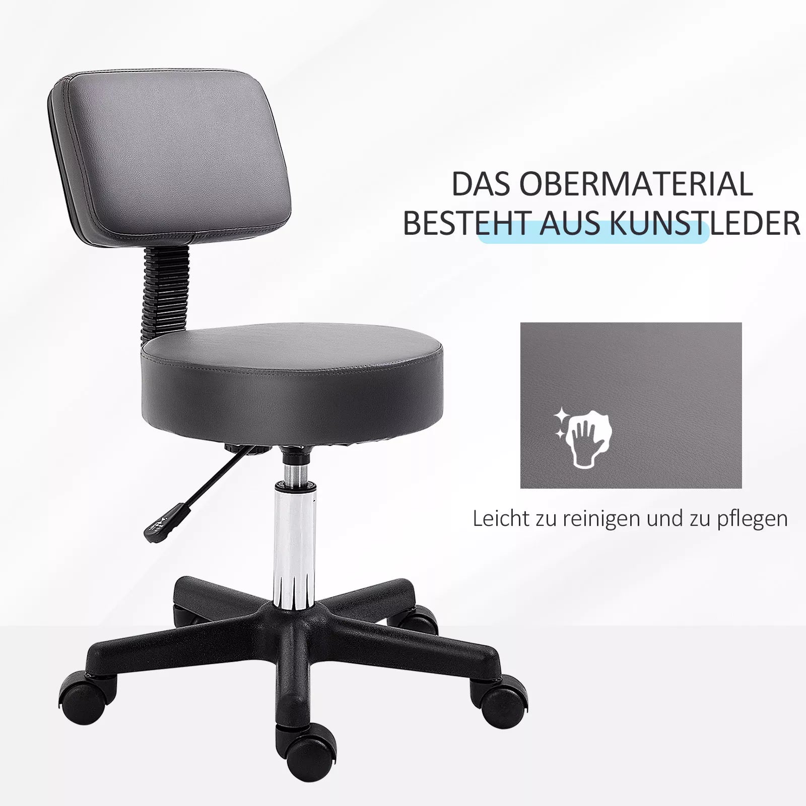 Salono taburetė, reguliuojamo aukščio, ergonomiška, 360° besisukanti, su 5 ratukais, pilkos spalvos sintetinė danga