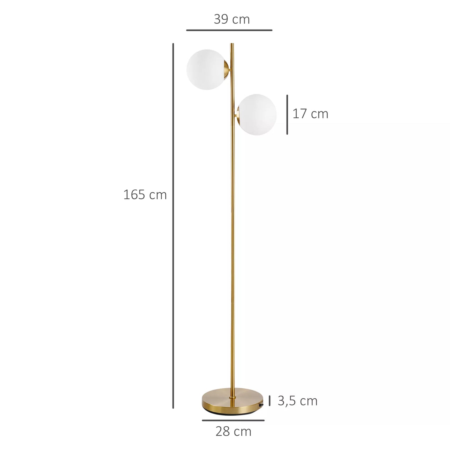 Grindų šviestuvas, 2 dalių stiklinis gaubtas, plienas+stiklas, 39 x 28 x 165cm (Auksinis+Baltas)