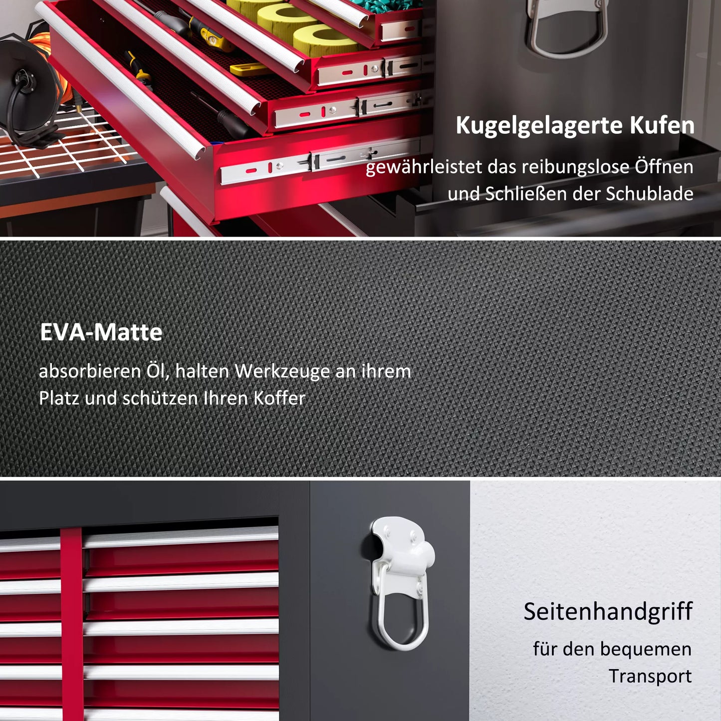 Dviejų dalių užrakinamas įrankių vežimėlis, 14 stalčių, perforuota sienelė, plieninis, raudonas