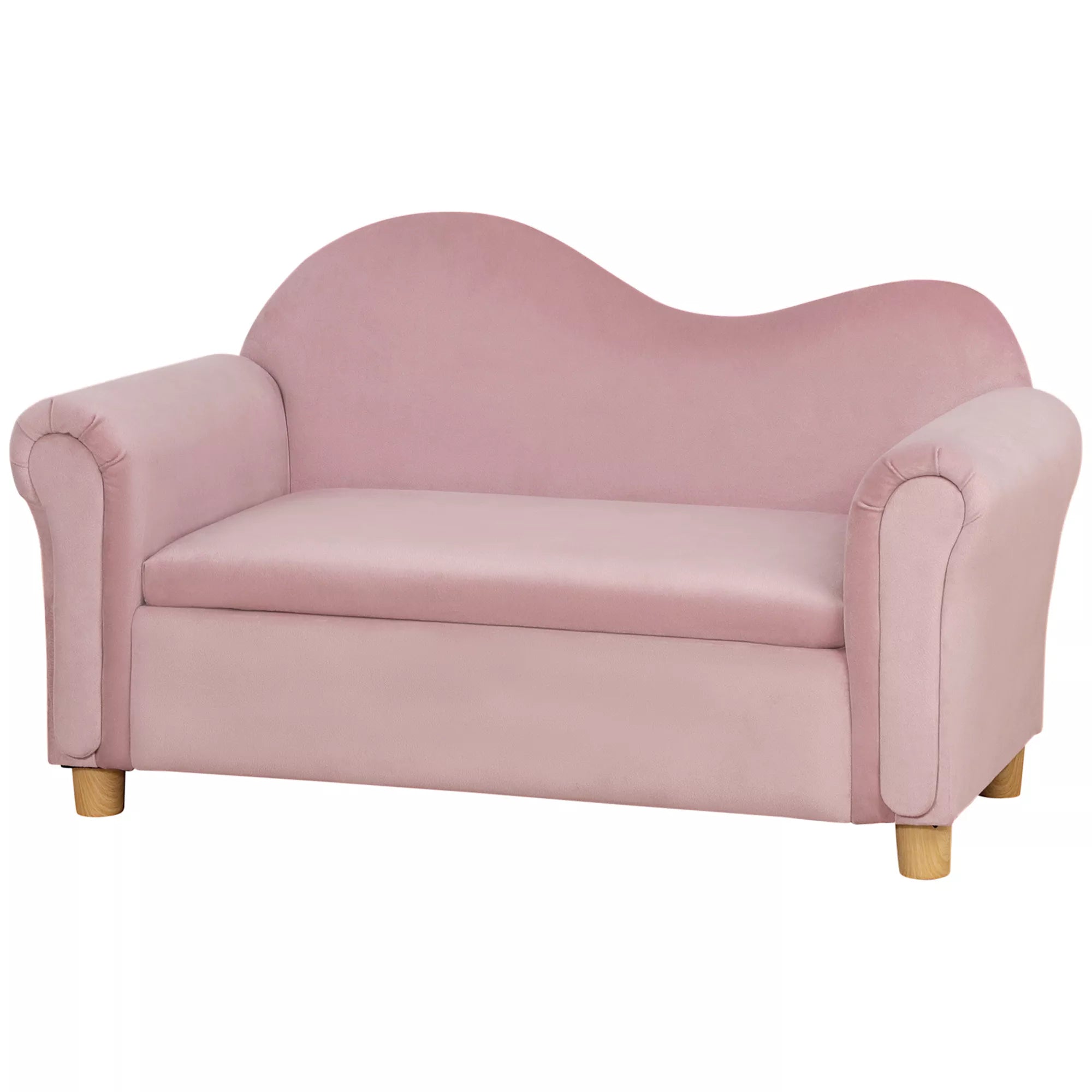 Vaikiškas sofos komplektas, dvivietė sofa vaikams nuo 3 iki 5 metų, daiktų laikymo dėžė, natūralaus medžio rėmas, 84 x 41,5 x 48,5 cm, rožinė
