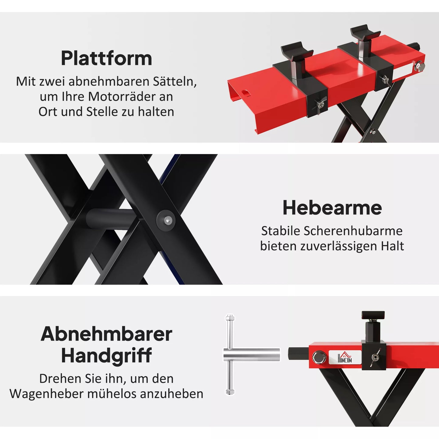 Motociklo keltuvas 500 kg, motociklo pakėlimo platforma, reguliuojamas aukštis 95–400 mm, 45 x 15 x 9,5–40 cm, raudonas