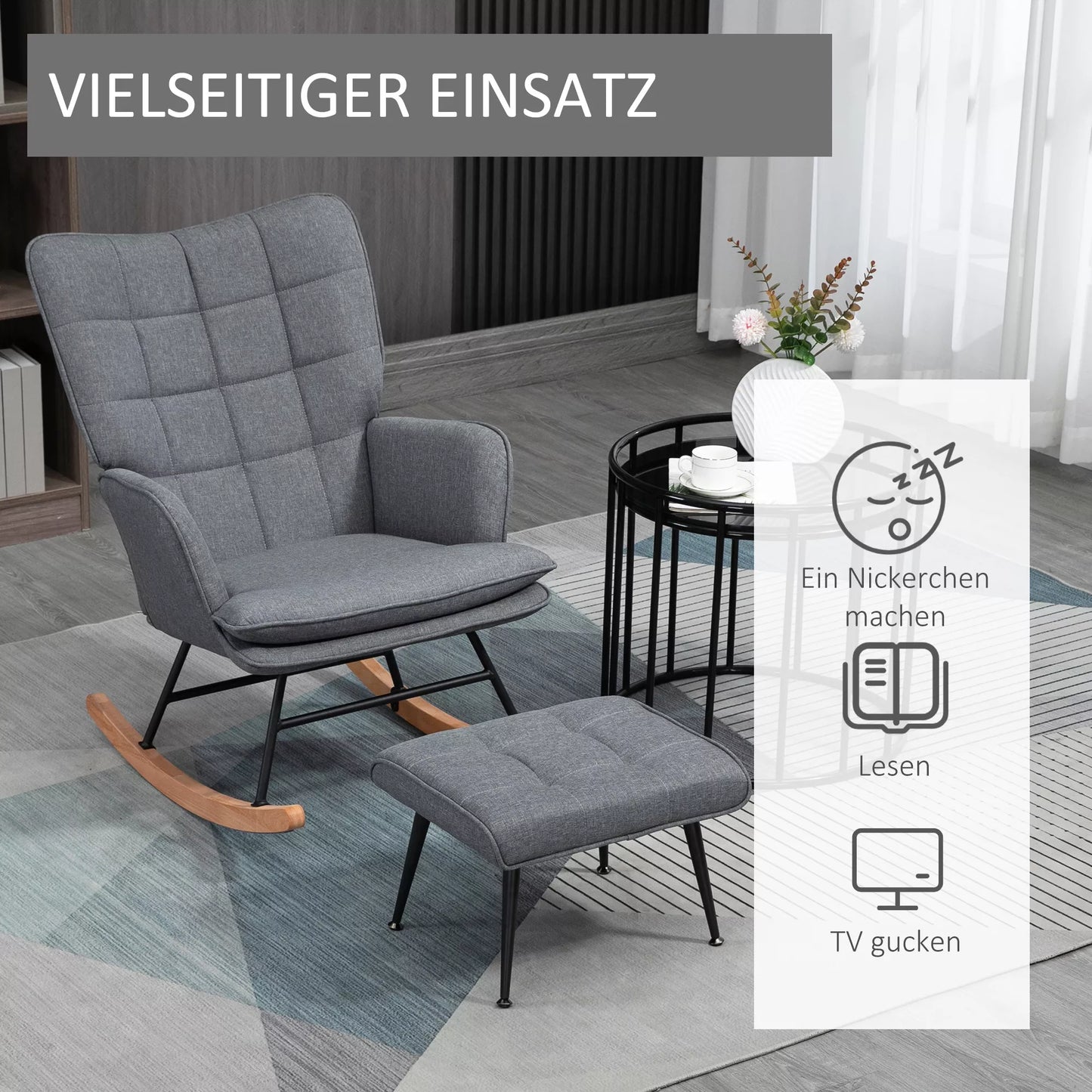 Sūpynės kėdė su taburete, patogi, iki 130 kg, lino išvaizda, 64x89x90 cm, pilka