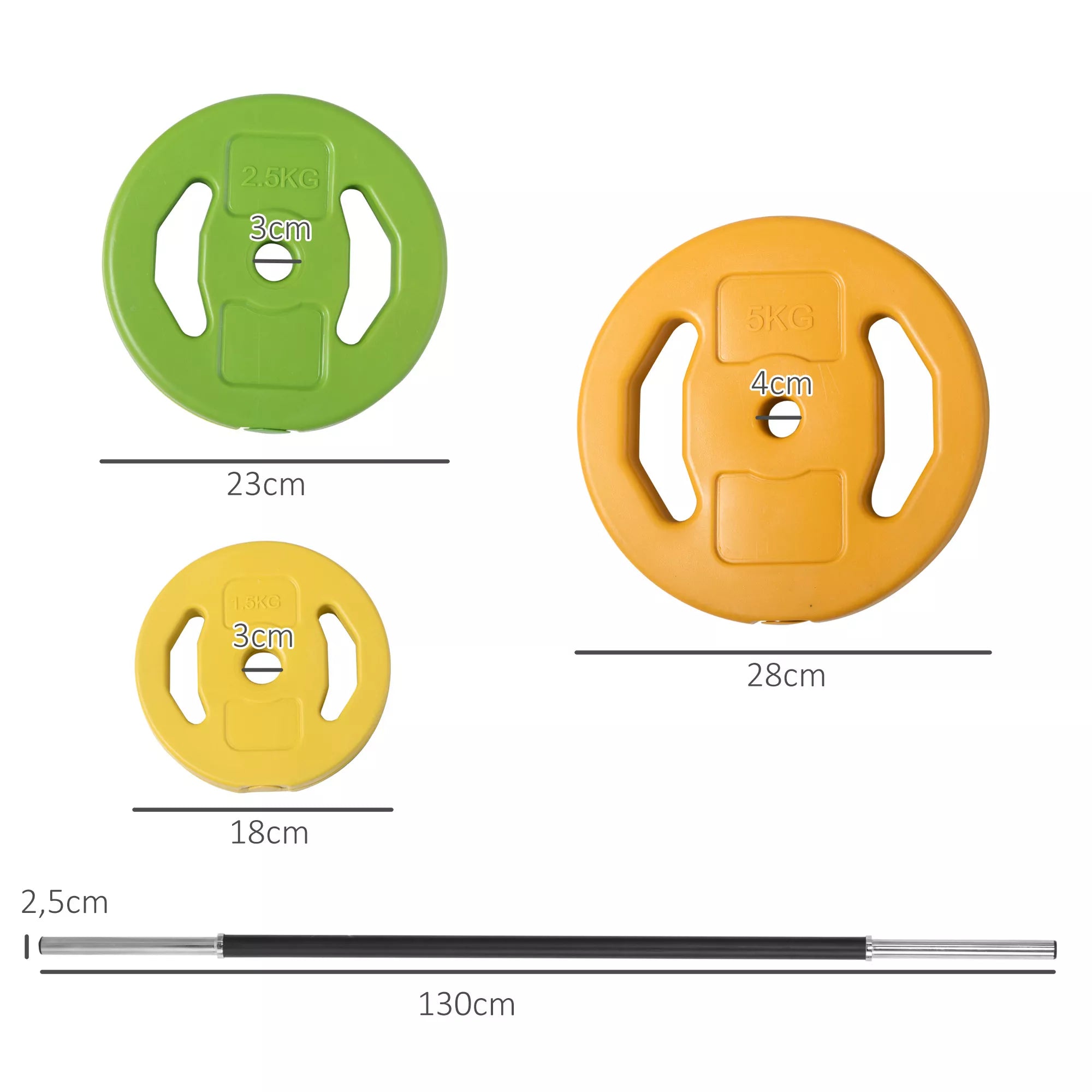 Štangos diskų schema su matmenimis 23, 28 ir 18 cm