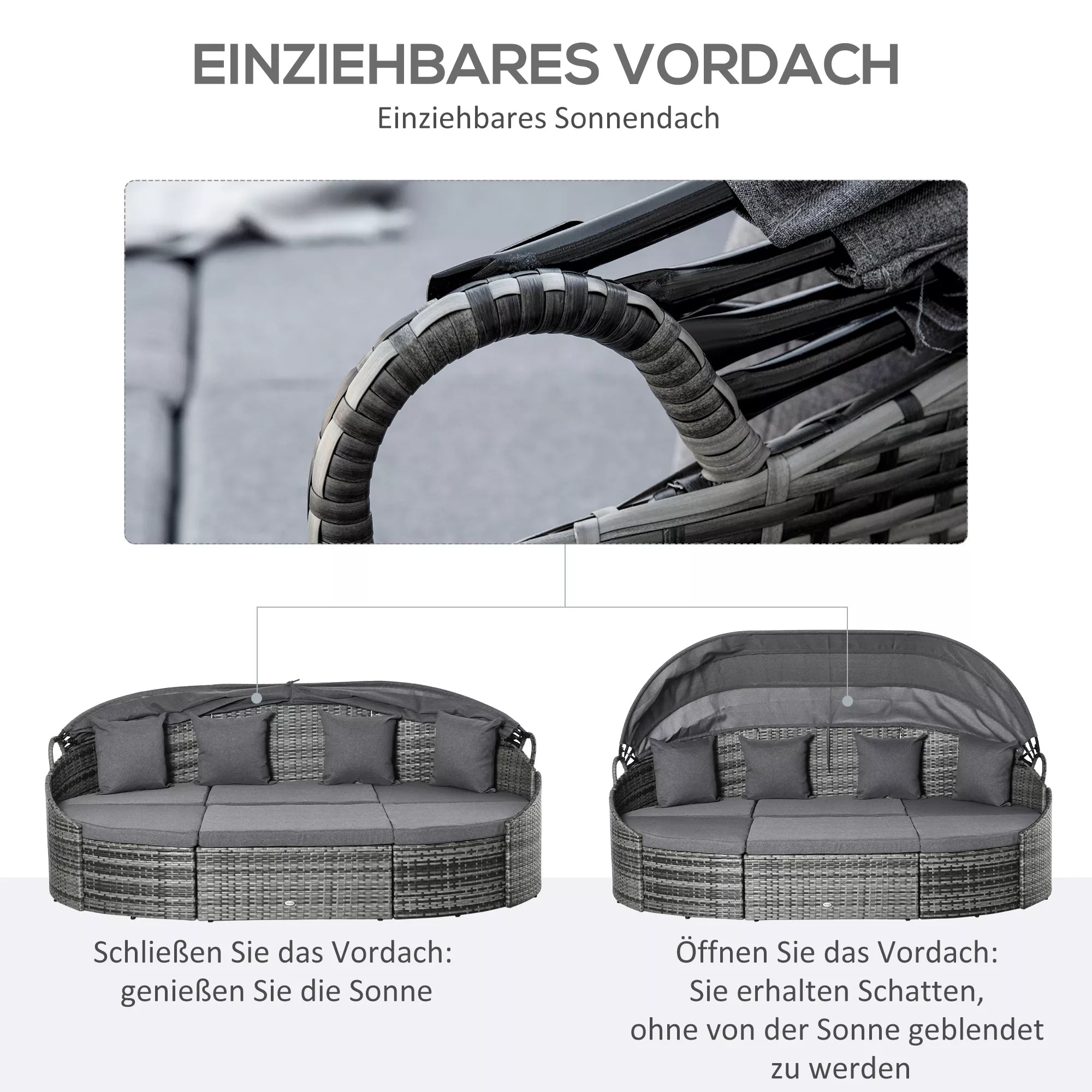 Rattan Saulės sala 4 dalių gultų sala su saulės stogu Sėdimoji grupė 4 pagalvės Metalo Pilka 230 x 145 x 80 cm