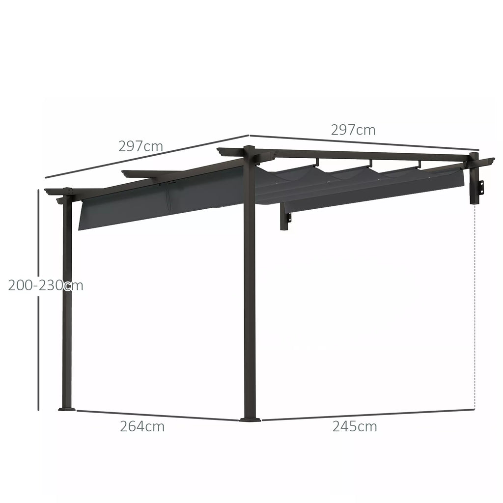 Pavilionas, 3 x 3 m Pergola, Vėjo nepraleidžiantis terasos stogas, Montavimas prie sienos, Reguliuojamas stogas, Skirtas sodui, terasai, Tamsiai pilkos spalvos