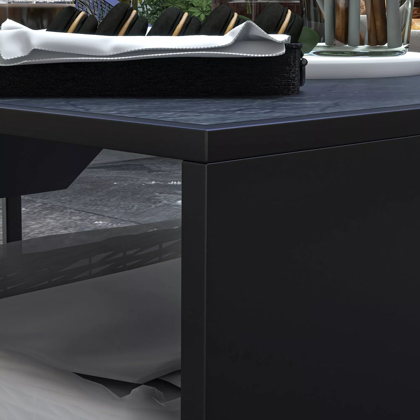 2in1 Lauko židinys, stalviršis su keraminėmis plytelėmis, žarsteklis, nerūdyjantis, 101 x 51 x 56 cm, juodos spalvos