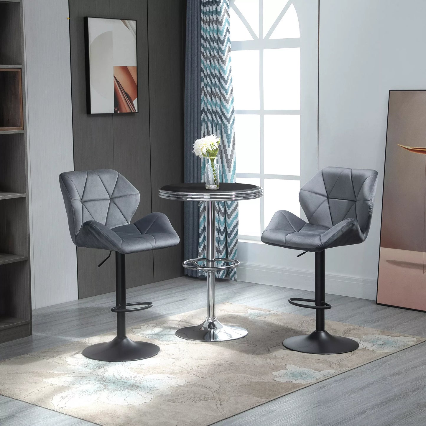 Baro kėdžių komplektas iš 2 vnt., Paminkštintos baro kėdės su metaliniu rėmu, atlošu, aksomo išvaizda, reguliuojamo aukščio, 360° sukiojamos