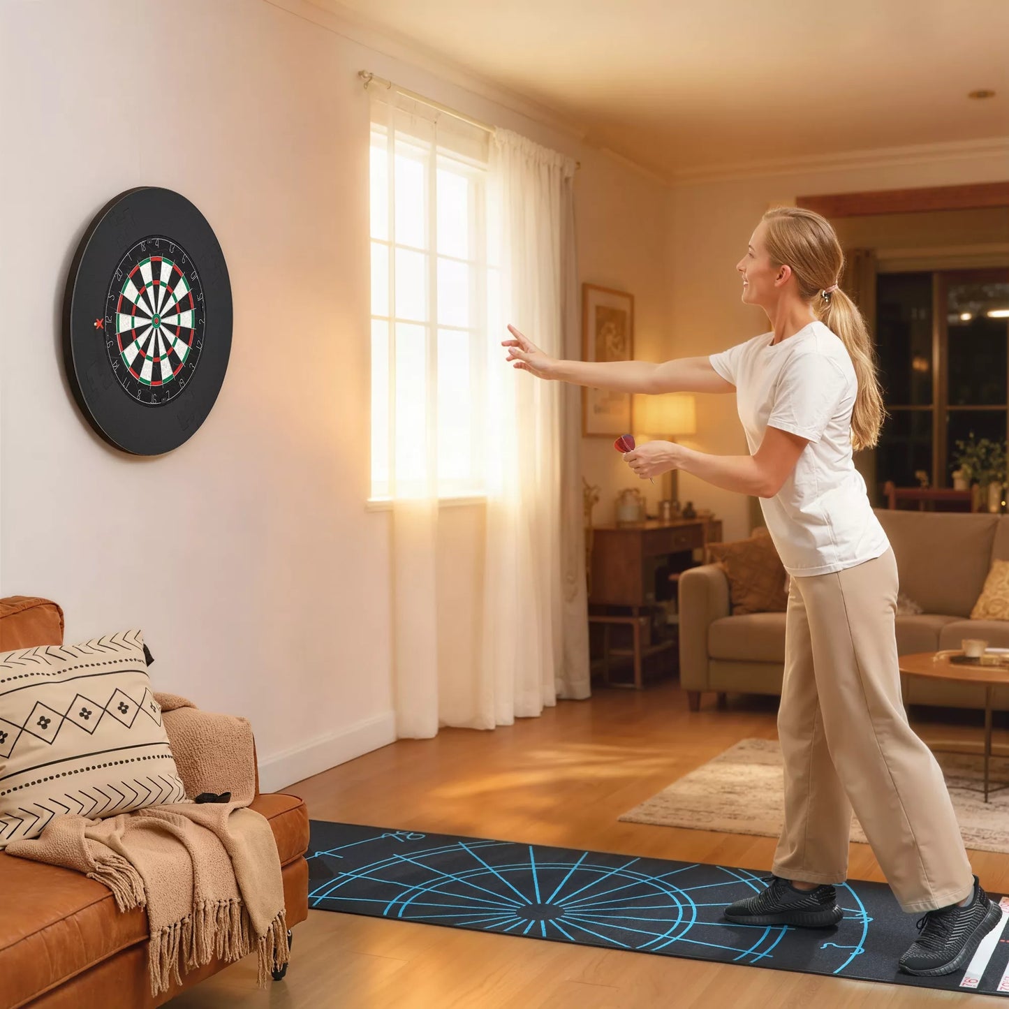 Dartų rinkinys su apsauginiu žiedu, 6 plieniniais smaigais, sizalis, plastikas, juodas