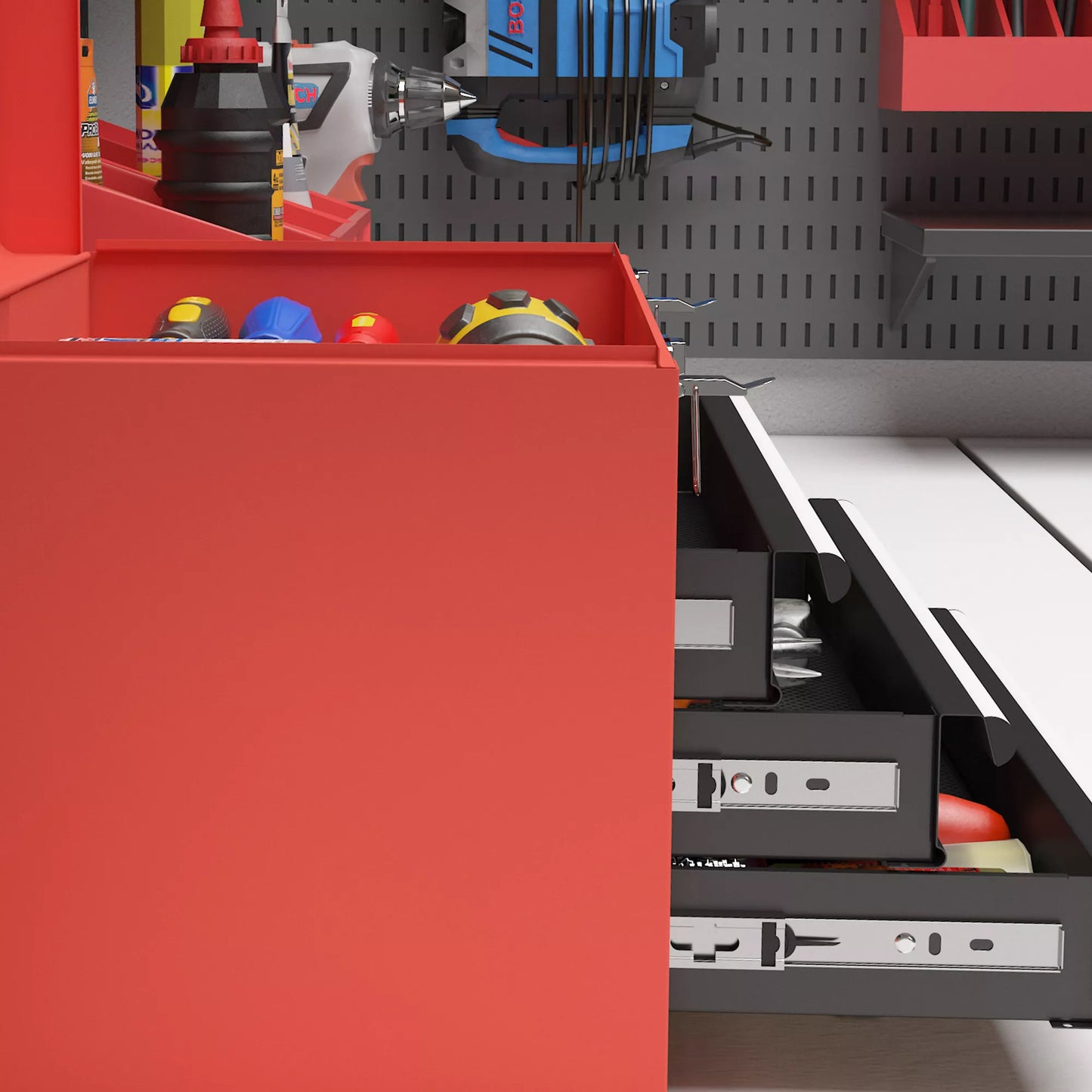 DURHAND įrankių dėžė su 3 stalčiais, 1 skyriumi, tvirtu plieniniu užsegimu, 45 x 24 x 27 cm, raudona