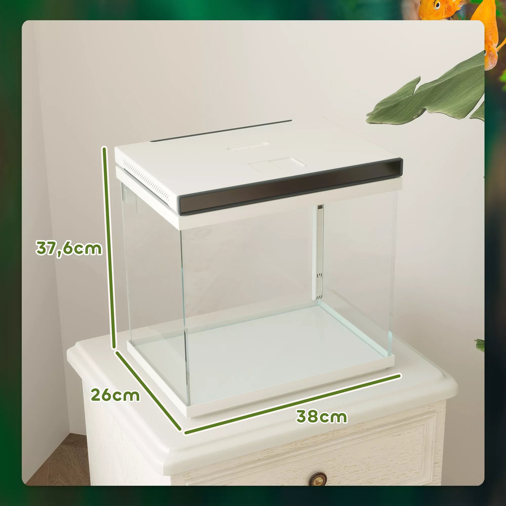 26 litrų akvariumas su filtru, LED apšvietimu, vandens siurbliu, skirtas įvairių rūšių žuvims, maždaug 38 x 26 x 38 cm