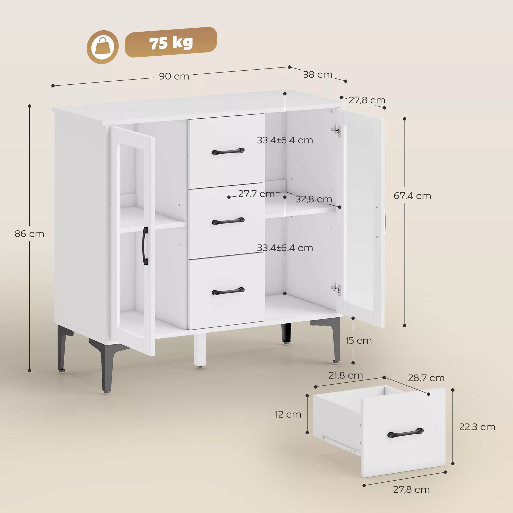 Modernus bufetas su „Soft-Close“ durelėmis, bufetas su 3 stalčiais, 2 stiklinėmis durelėmis, reguliuojamomis lentynomis, MDF, baltas