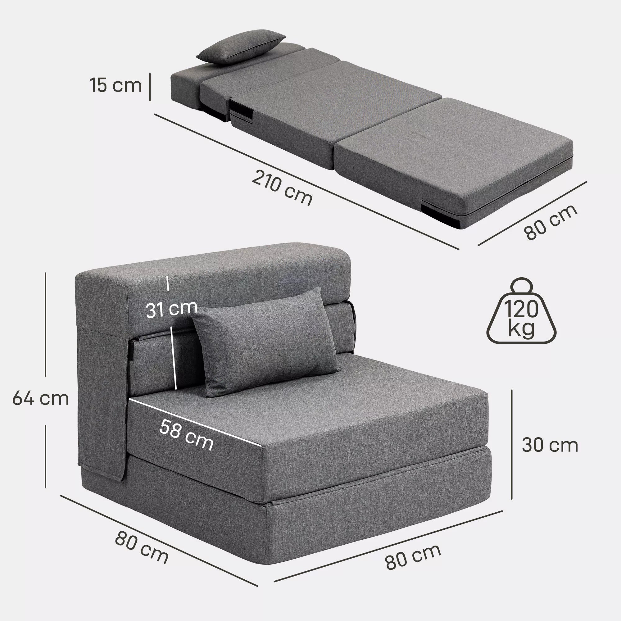 Grindų sofa su čiužinio ir miegojimo funkcija, minkštasuolis, putų poliuretanas, pilka