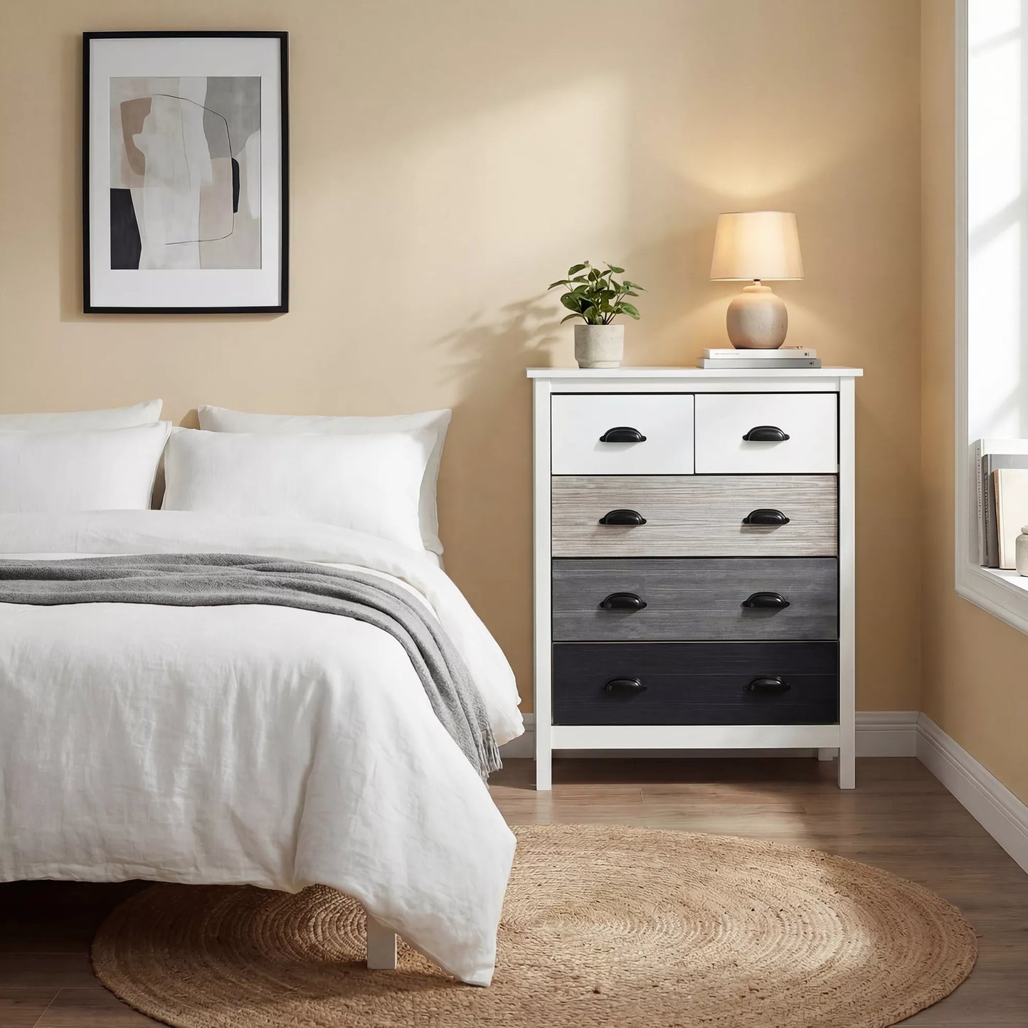 Bufetas, komoda, 5 stalčiai, lakuotas paviršius, MDF ir pušies mediena, 70 x 38 x 85 cm, balta