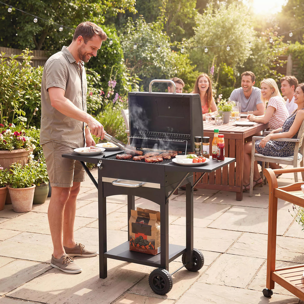 Anglies grilis su dangčiu, BBQ rūkymo grilis su 2 šoniniais stalais Didelis grilio paviršius Grilio grotelės Termometras Ratai