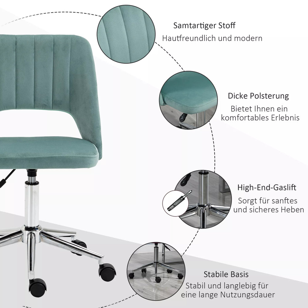 Aukščio reguliuojama rašomojo stalo kėdė su ratukais, pasukama 360°, kriauklės formos, putplastis, 49 x 60 x 79–91 cm, žalia
