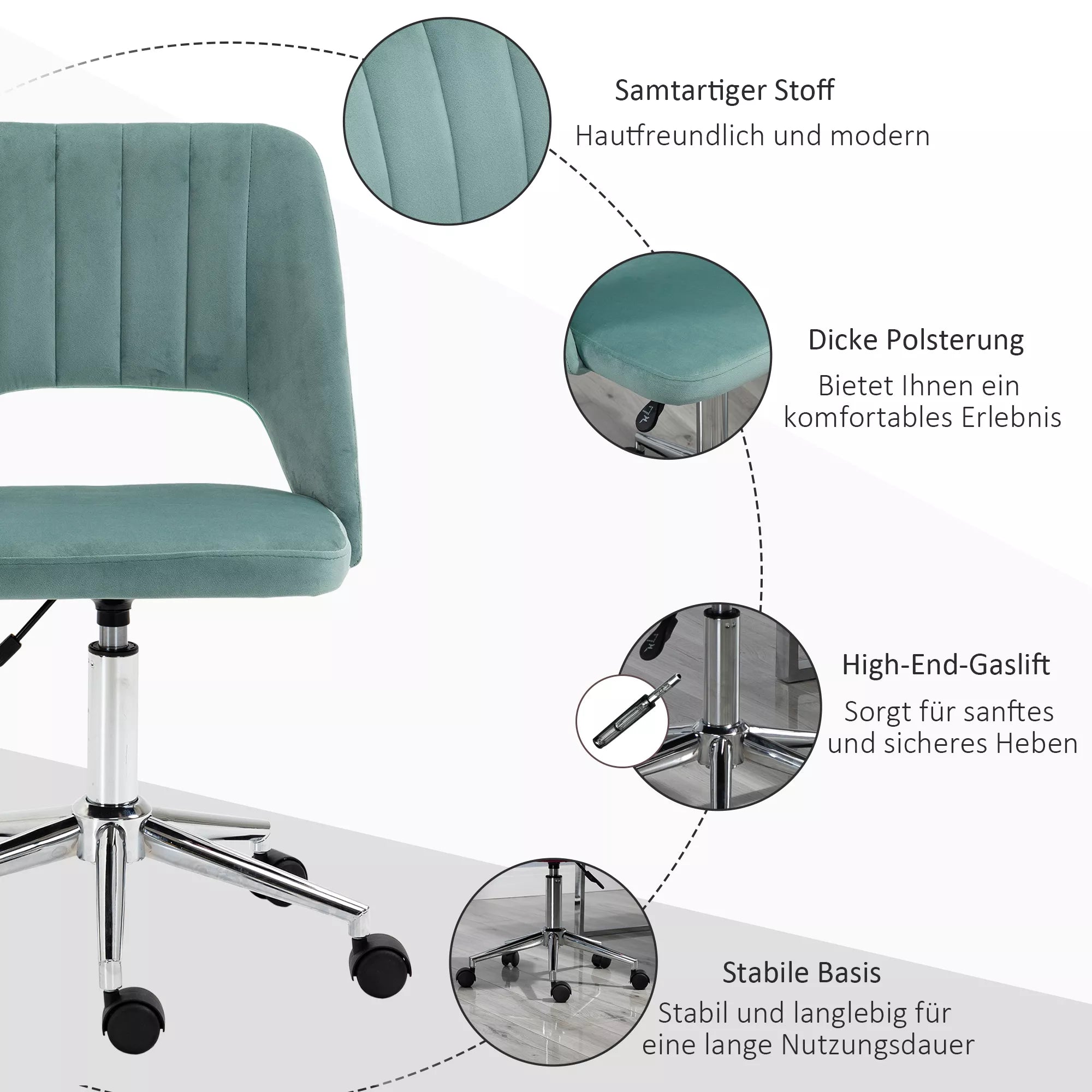 Aukščio reguliuojama rašomojo stalo kėdė su ratukais, pasukama 360°, kriauklės formos, putplastis, 49 x 60 x 79–91 cm, žalia