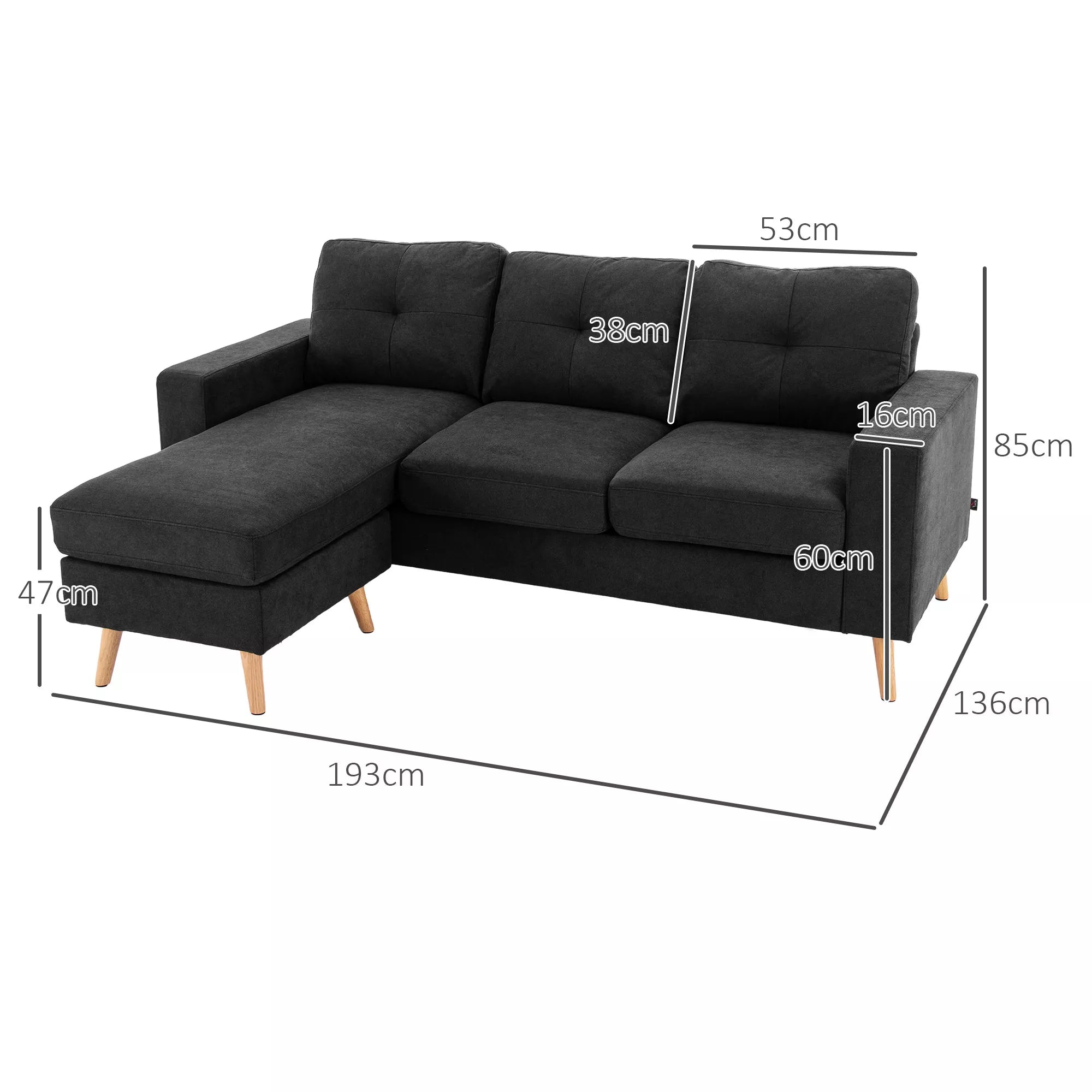 3 vietų sofa Kampinė sofa su chaise longue, su sagčių apdaila, 193 x 136 x 85 cm, Juoda