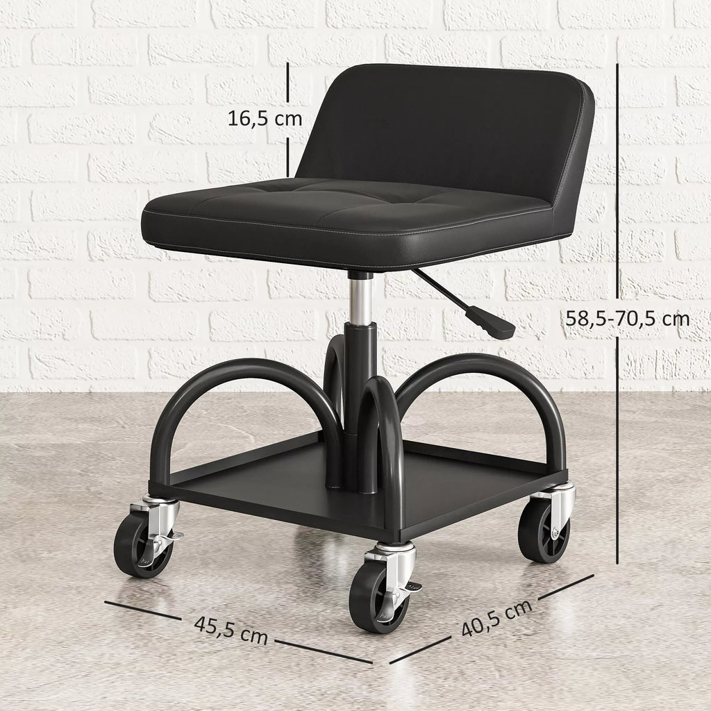 Mechaniko kėdė su ratukais ir įrankių dėtuve, iki 135 kg, juoda