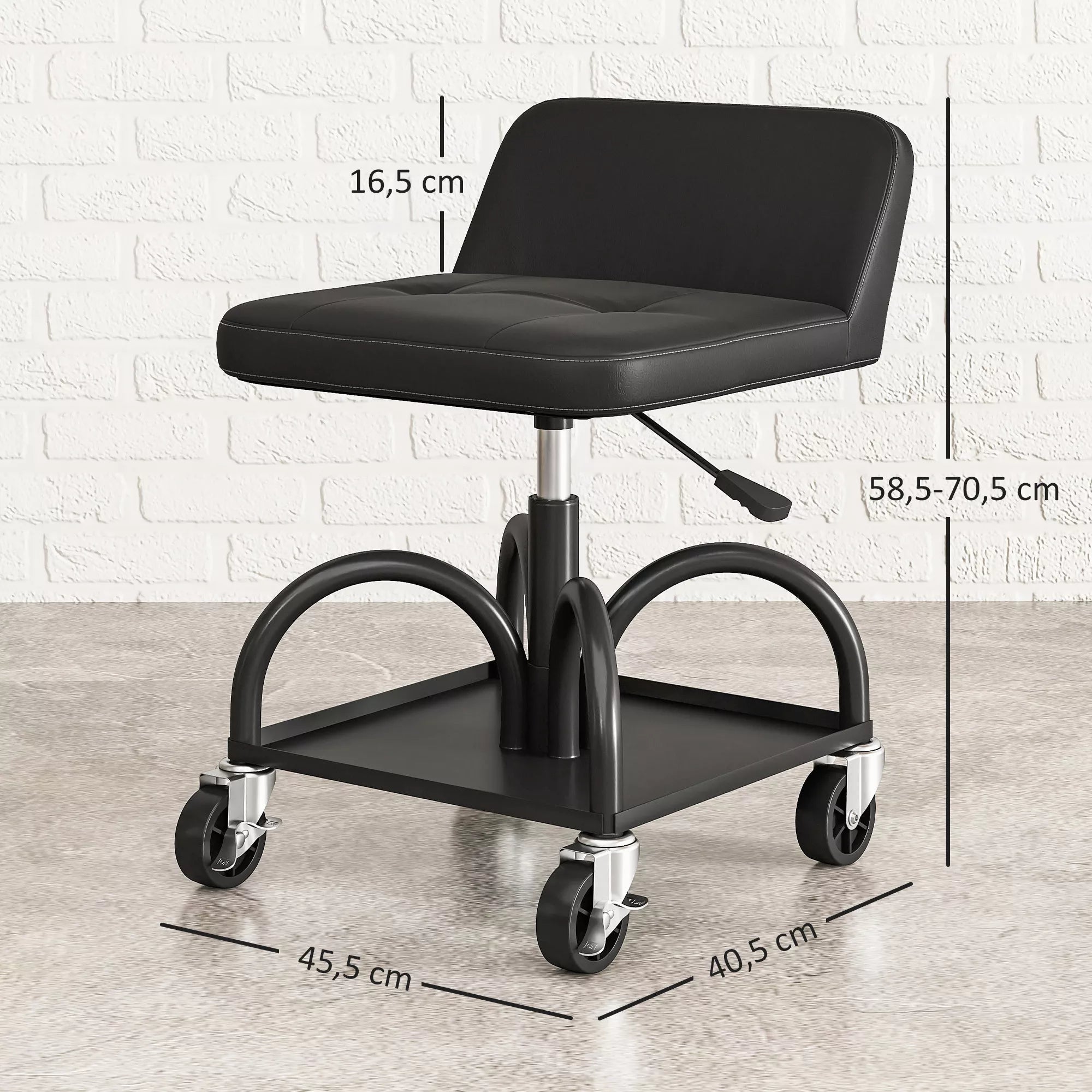 Mechaniko kėdė su ratukais ir įrankių dėtuve, iki 135 kg, juoda
