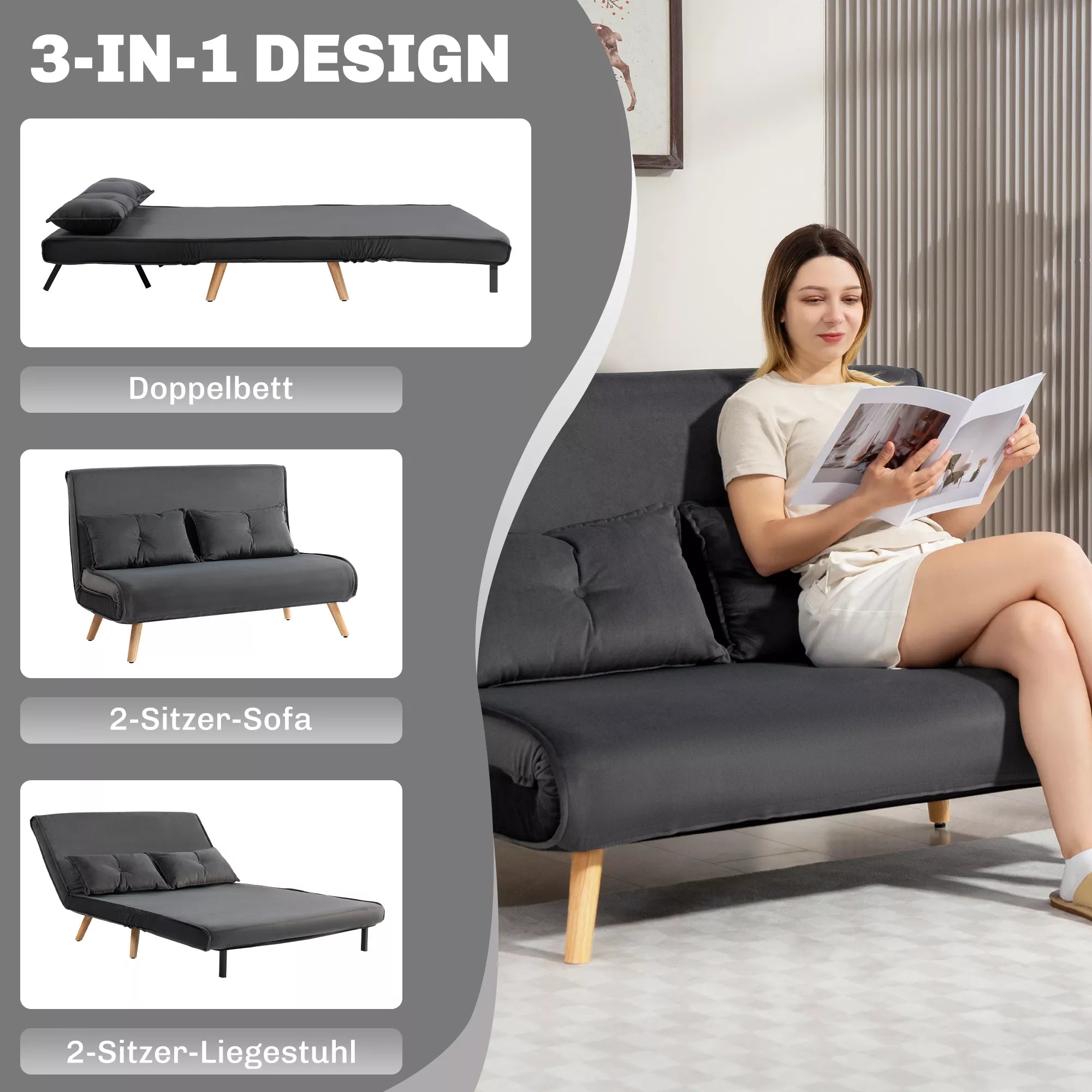 2-vietė miegamoji sofa, miegamoji sofa, į lovą transformuojama sofa, reguliuojamas atlošas, audinio apmušalas, metalinis rėmas, pilkos spalvos