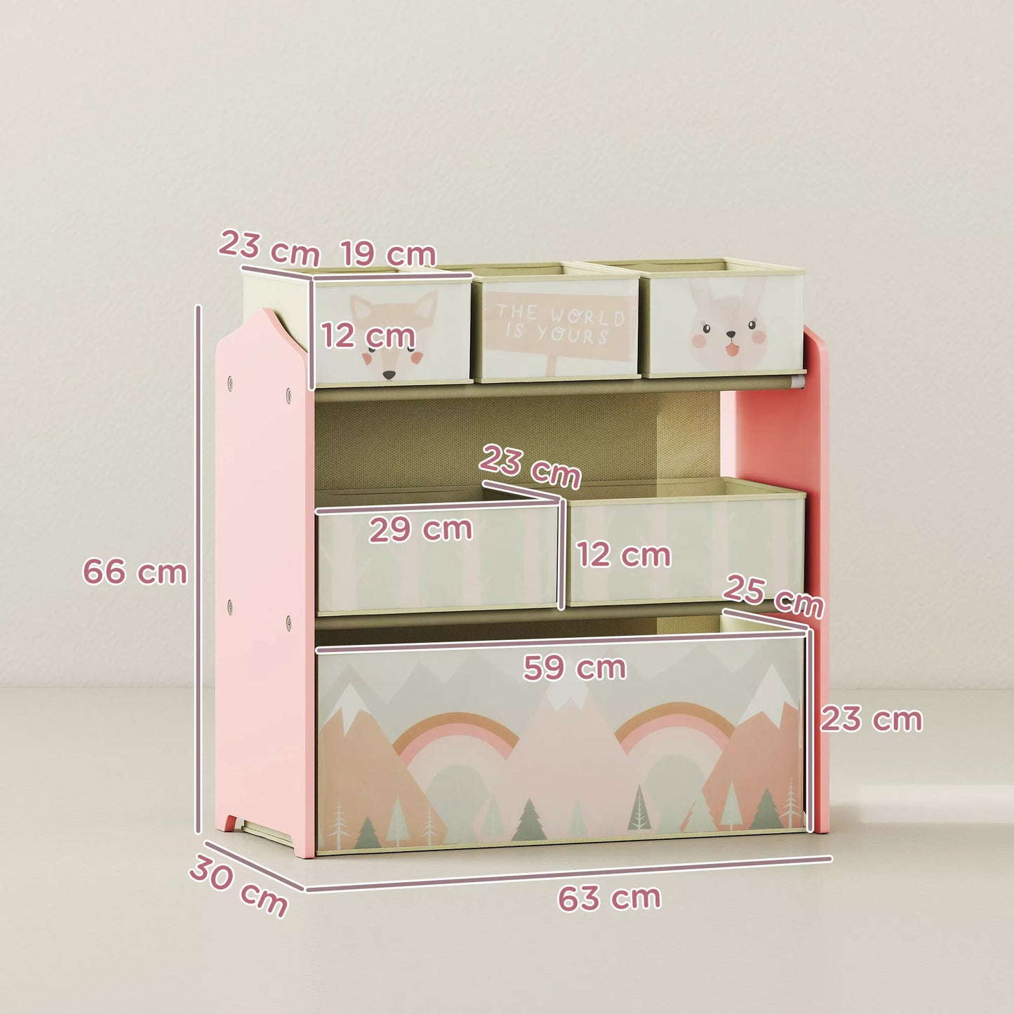 Vaikiška spintelė su 6 audinių dėžutėmis, žavingas motyvas, 63x30x66 cm, Rožinė