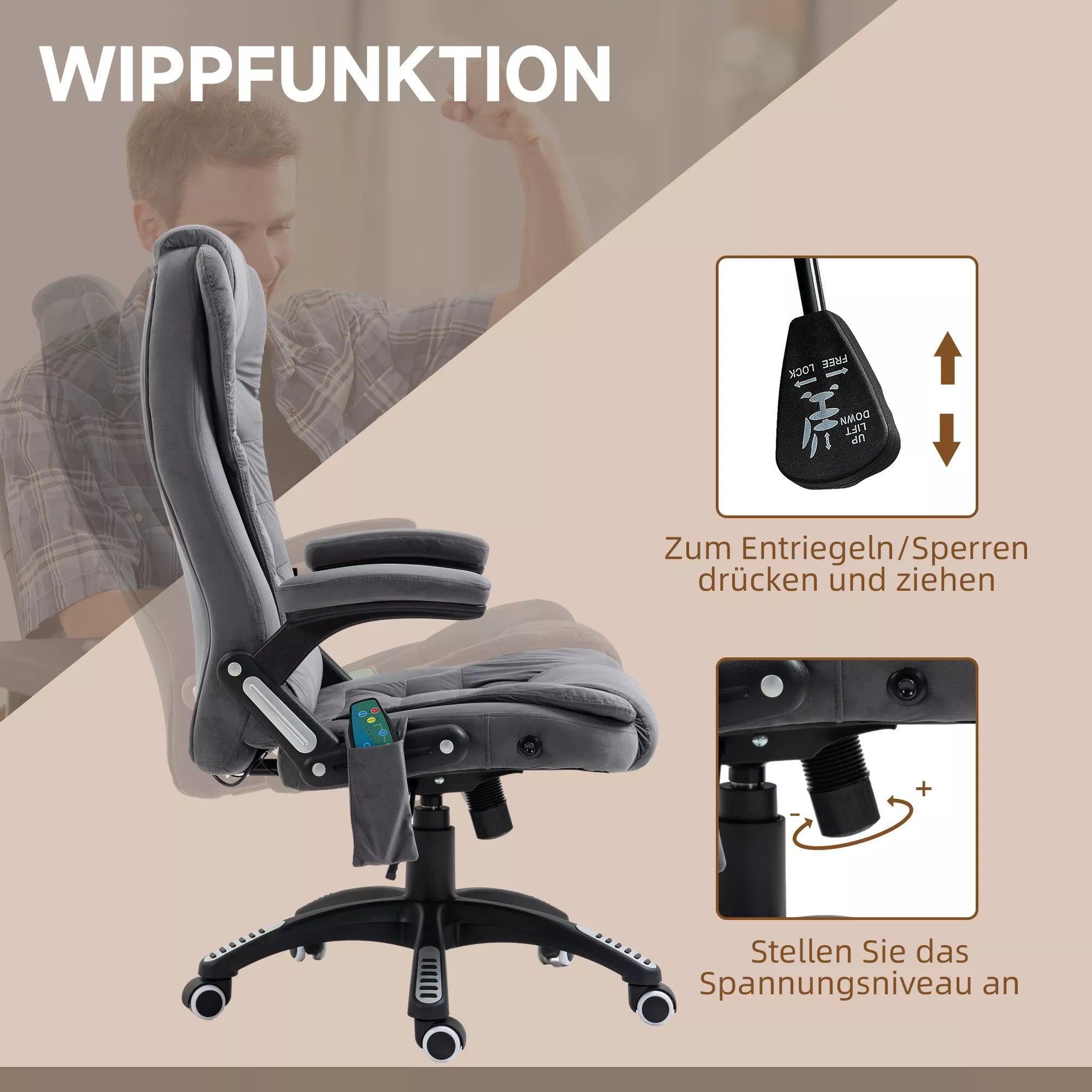 Vinsetto Biuro kėdė su masažo ir šildymo funkcija, ergonomiška, reguliuojamo aukščio, tamsiai pilka