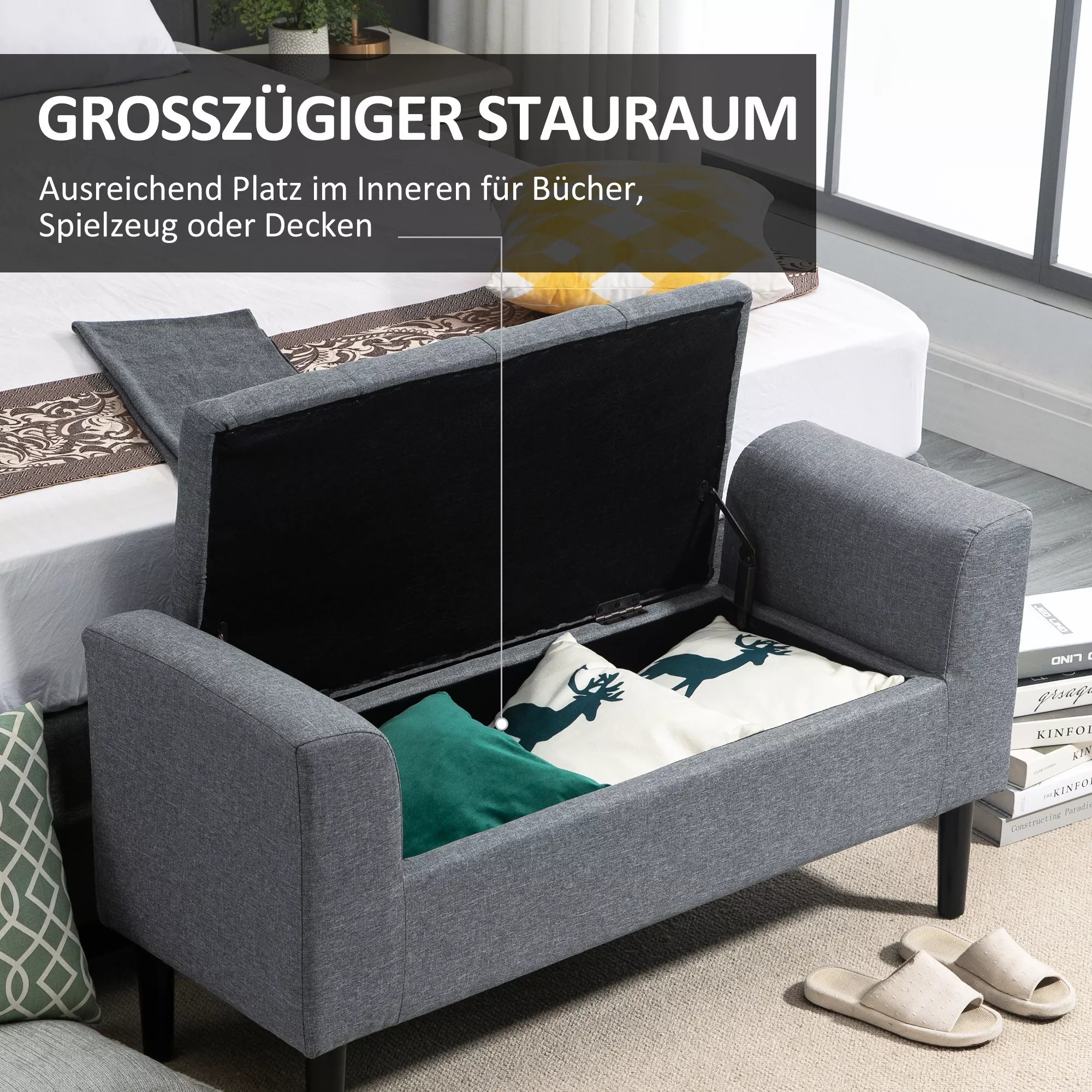 Sėdynė su daiktadėže, paminkštinta, iki 130 kg, šviesiai pilka, 116 x 44 x 58 cm
