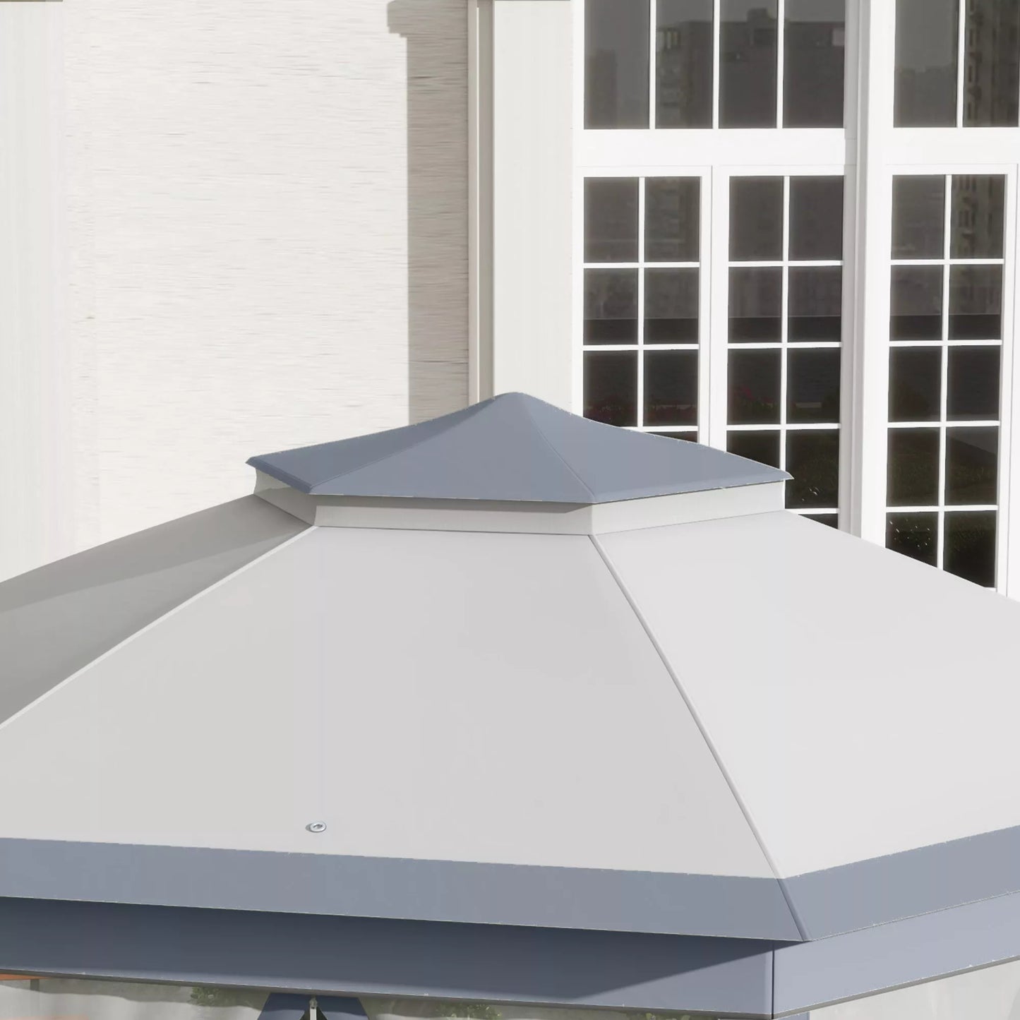 Sulankstomas paviljonas 4 x 4 m, šešiakampis dizainas, tinklinės užuolaidos, atsparus vandeniui, vėdinamas stogas, pilkos ir baltos spalvos