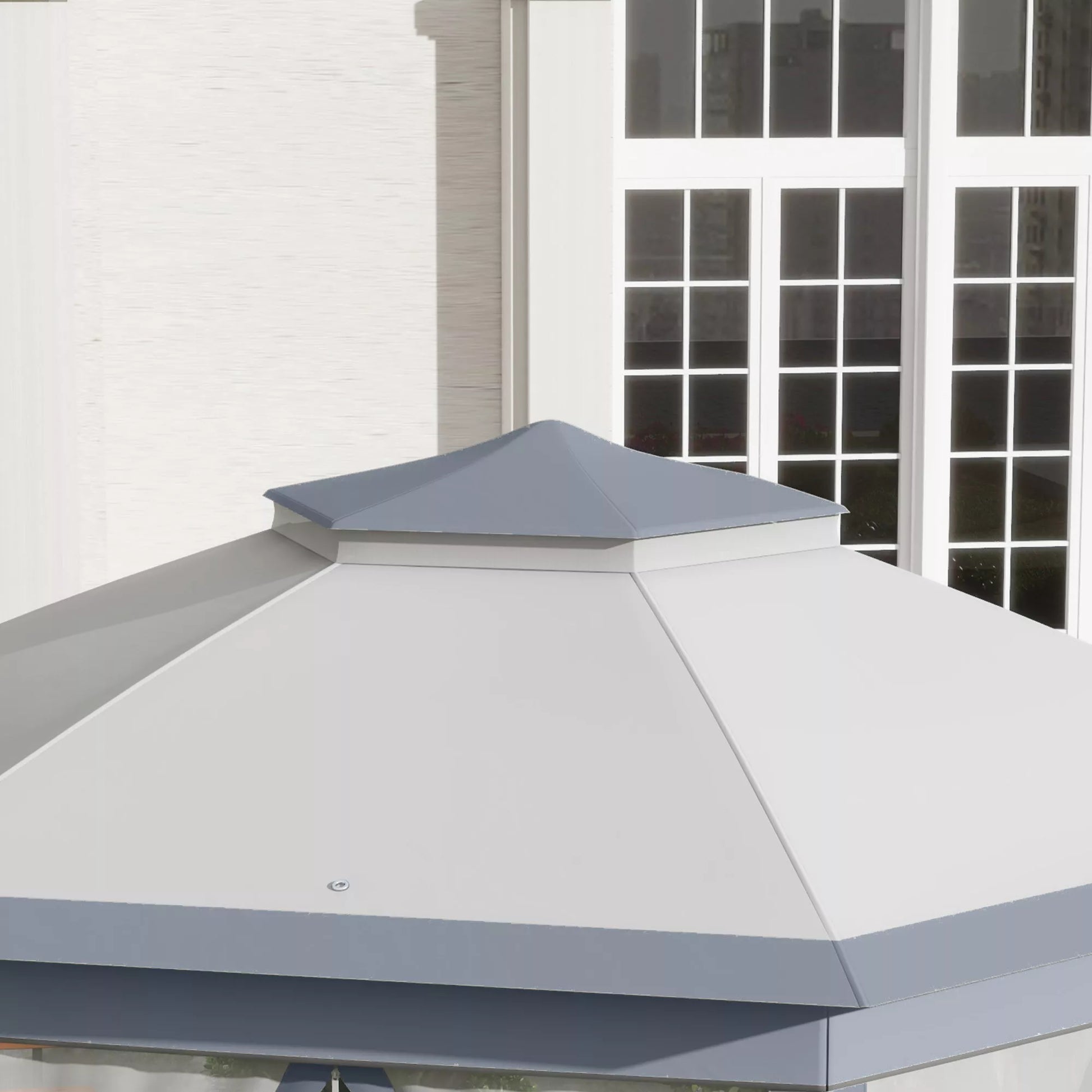 Sulankstomas paviljonas 4 x 4 m, šešiakampis dizainas, tinklinės užuolaidos, atsparus vandeniui, vėdinamas stogas, pilkos ir baltos spalvos