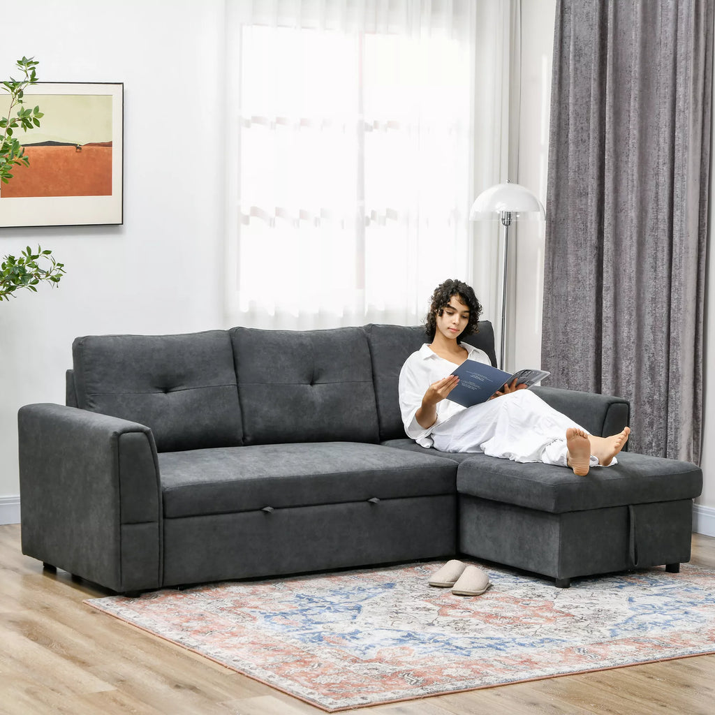 3 vietų sofa su lovos funkcija, miegamoji sofa su šezlongu, minkšta sofa, tamsiai pilka