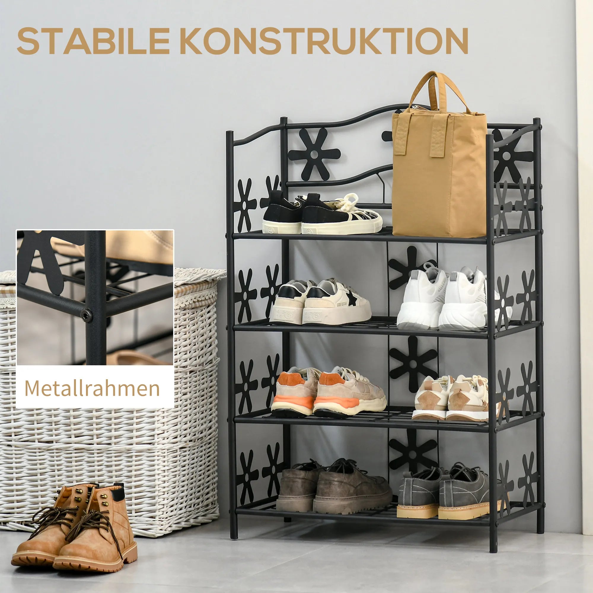 Schema su tvirta konstrukcija: metalinis rėmas ir tinklinės lentynos