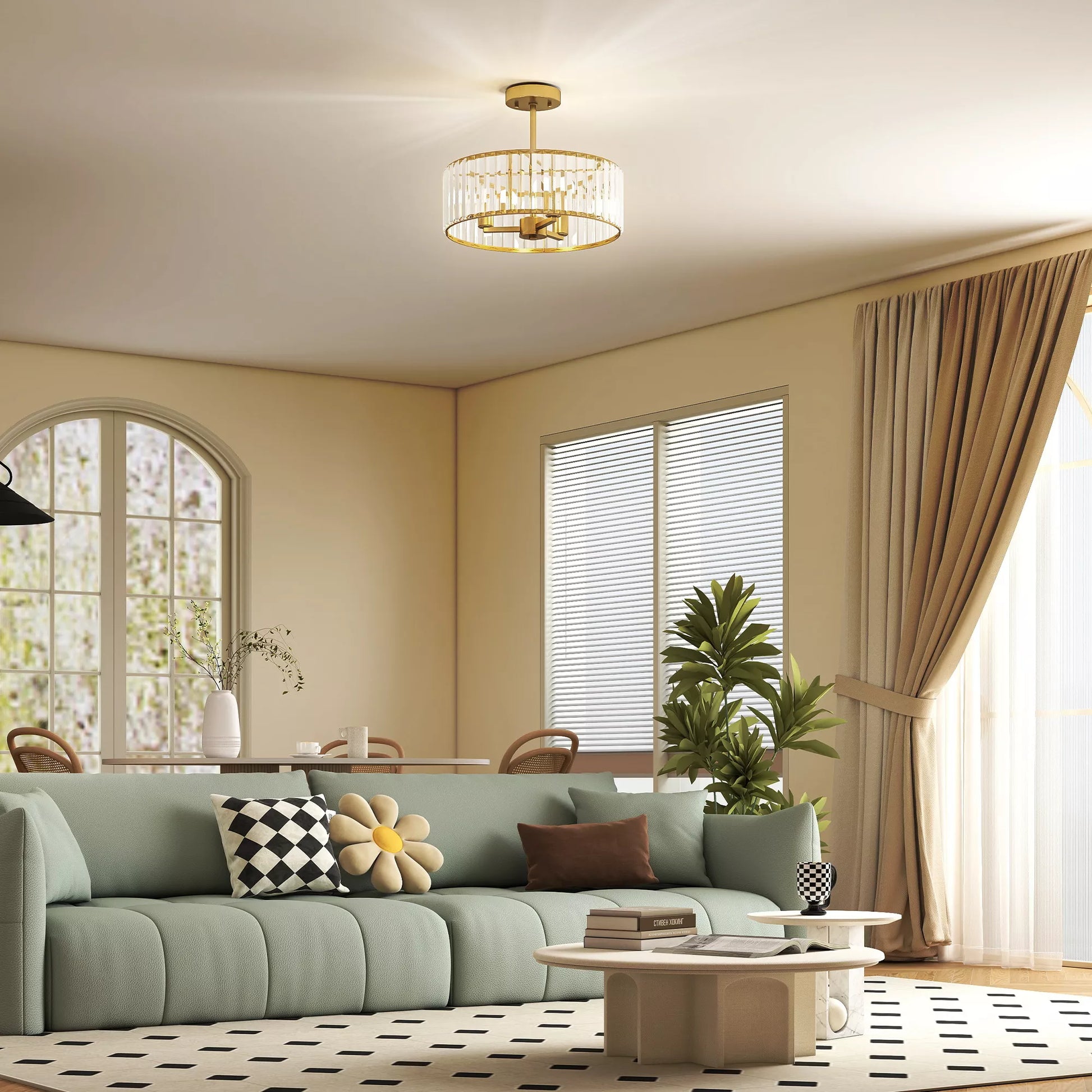 Sieninis šviestuvas, šviestuvas-sąvaros dizainas, kristalinis gaubtas, 3 lemputės, metalas, aukso spalvos